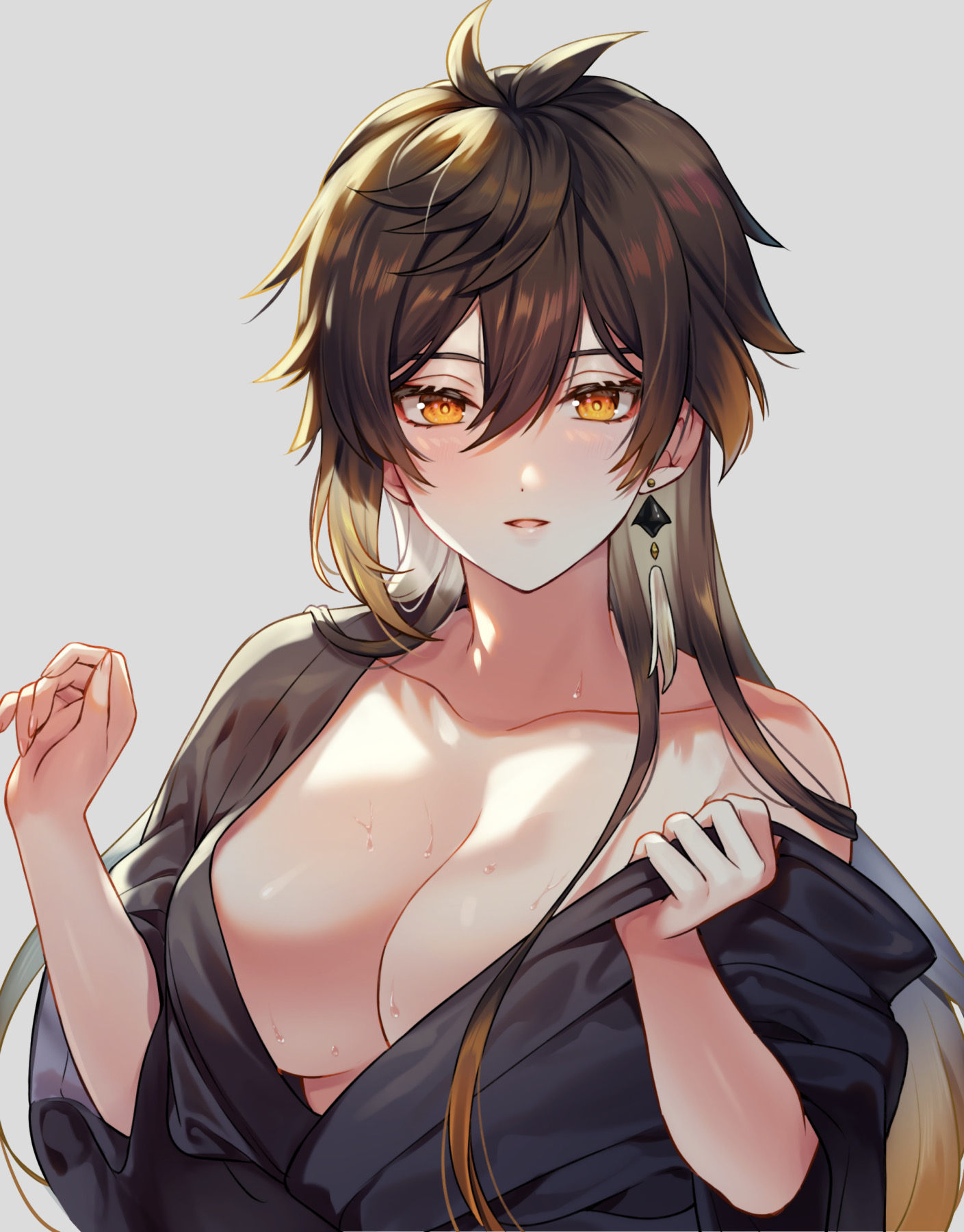1girls, big breasts, blush, breasts, brown hair, earrings, exposed breasts, female, genderswap, genderswap (mtf), genshin impact, open shirt, piercing, ritsu (re710pngn), robe, rule 63, yellow eyes, zhongli (genshin impact), zhongli jiejie