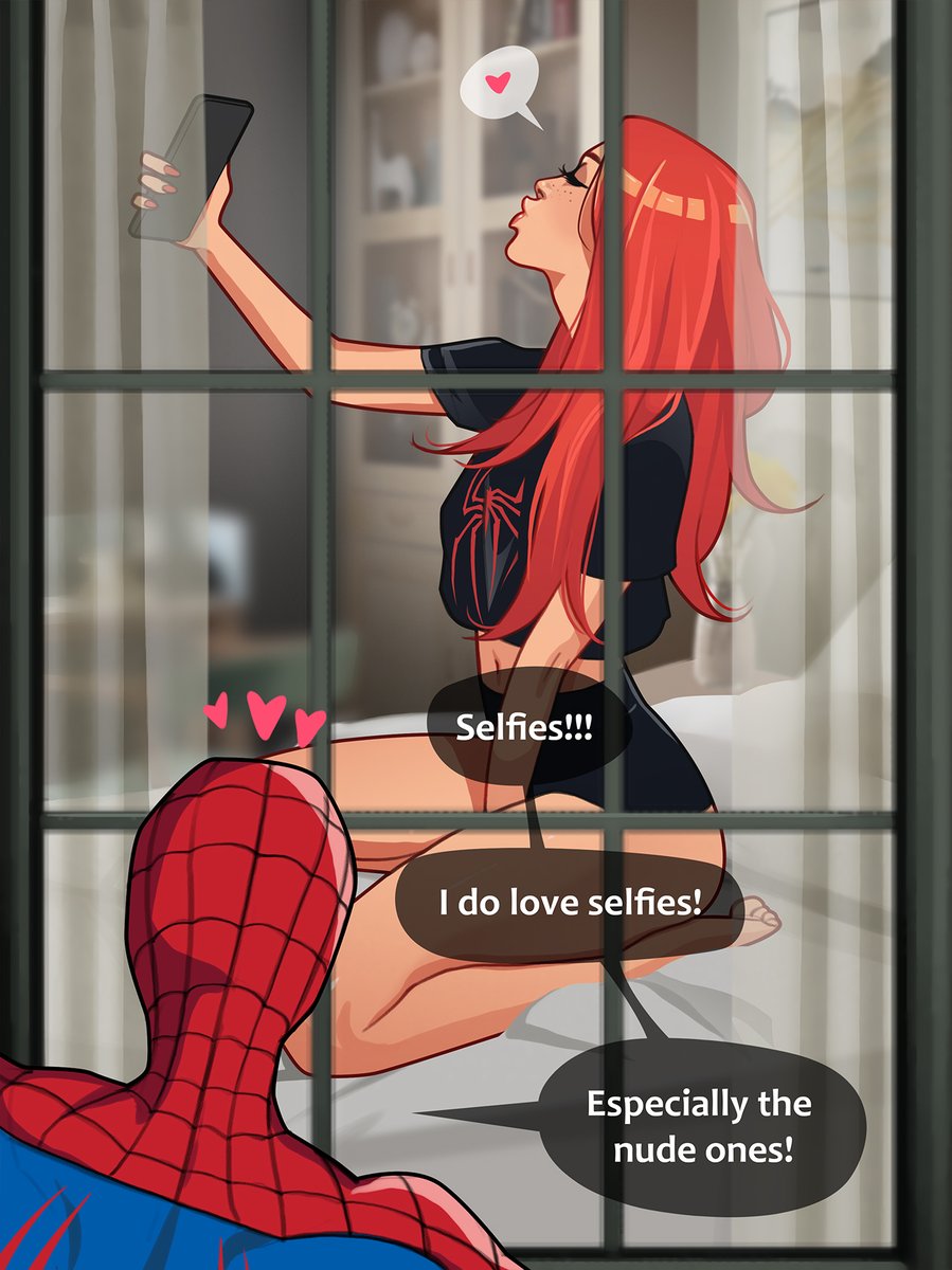 1boy, 1girls, 5 fingers, breasts, busty, canon couple, comic, cute, cute face, dialogue, digital media (artwork), english text, female, freckles, freckles on face, green eyes, human, human only, light skin, light-skinned female, light-skinned male, long hair, male, male/female, marvel, marvel comics, mary jane watson, minko, olena minko, peter parker, red hair, red nails, selfie, speech bubble, spider-man, spider-man (series), straight, straight hair, superhero, text, thighs, voyeur