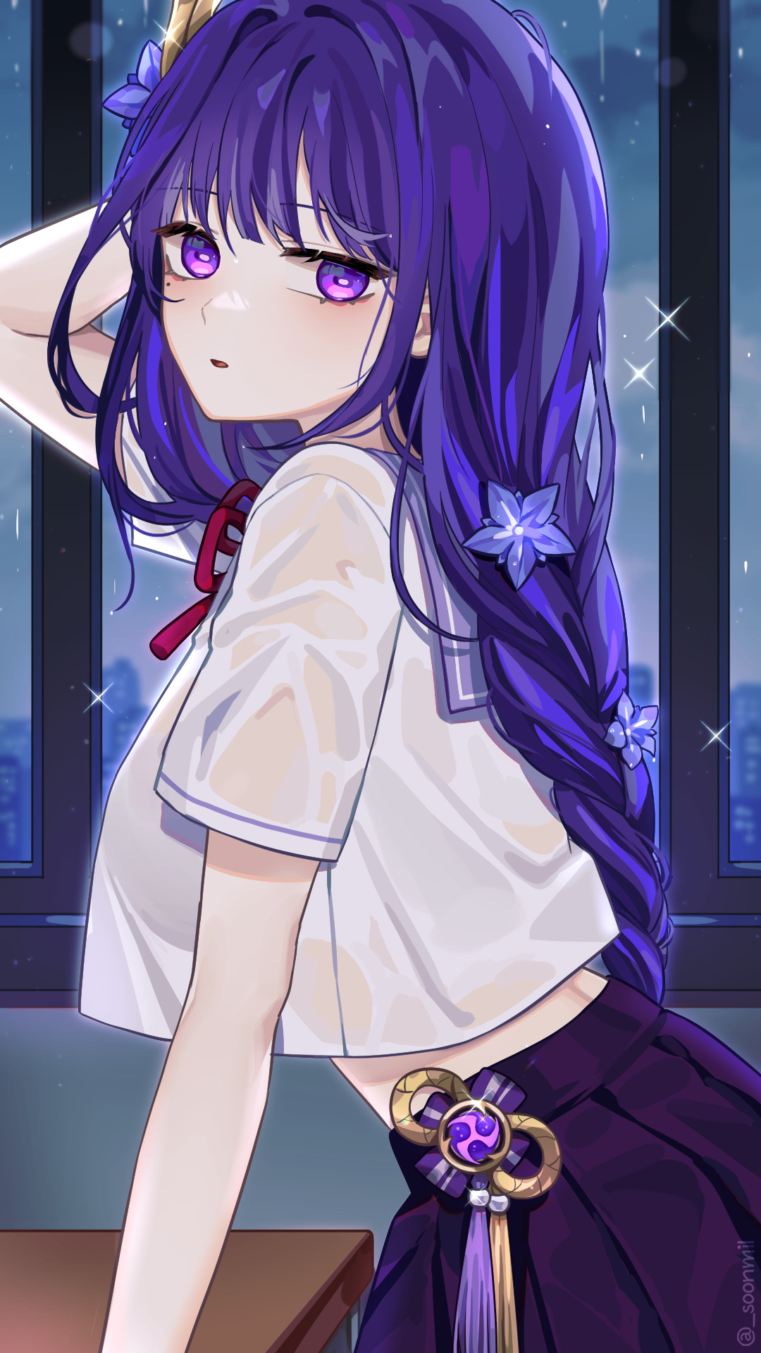 1girls, beauty mark, blush, breasts, female, genshin impact, large breasts, mole, mole under eye, purple eyes, purple hair, raiden shogun, raining, school uniform, schoolgirl, see-through clothing, soaked clothes, soonmil, wet, wet clothes