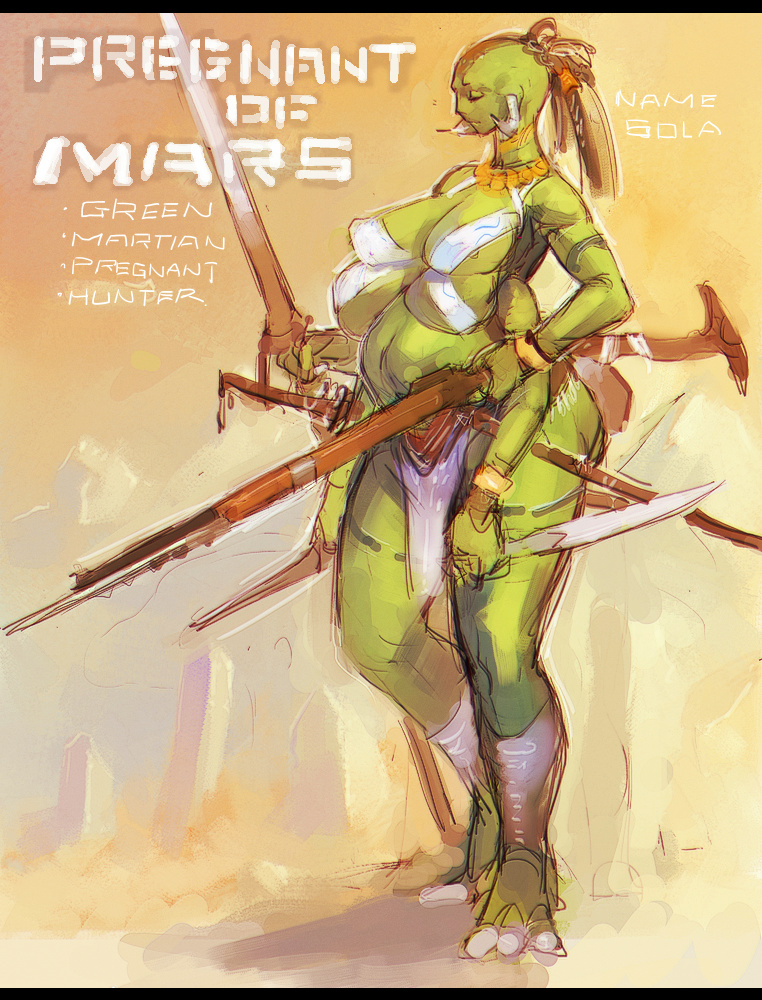 4_arms a_princess_of_mars barsoom breasts covered_nipples female female_only green_martian green_skin gun horns loincloth multi_arm multi_breast multi_limb pregnant sola sword ukatsu_juuzou weapon