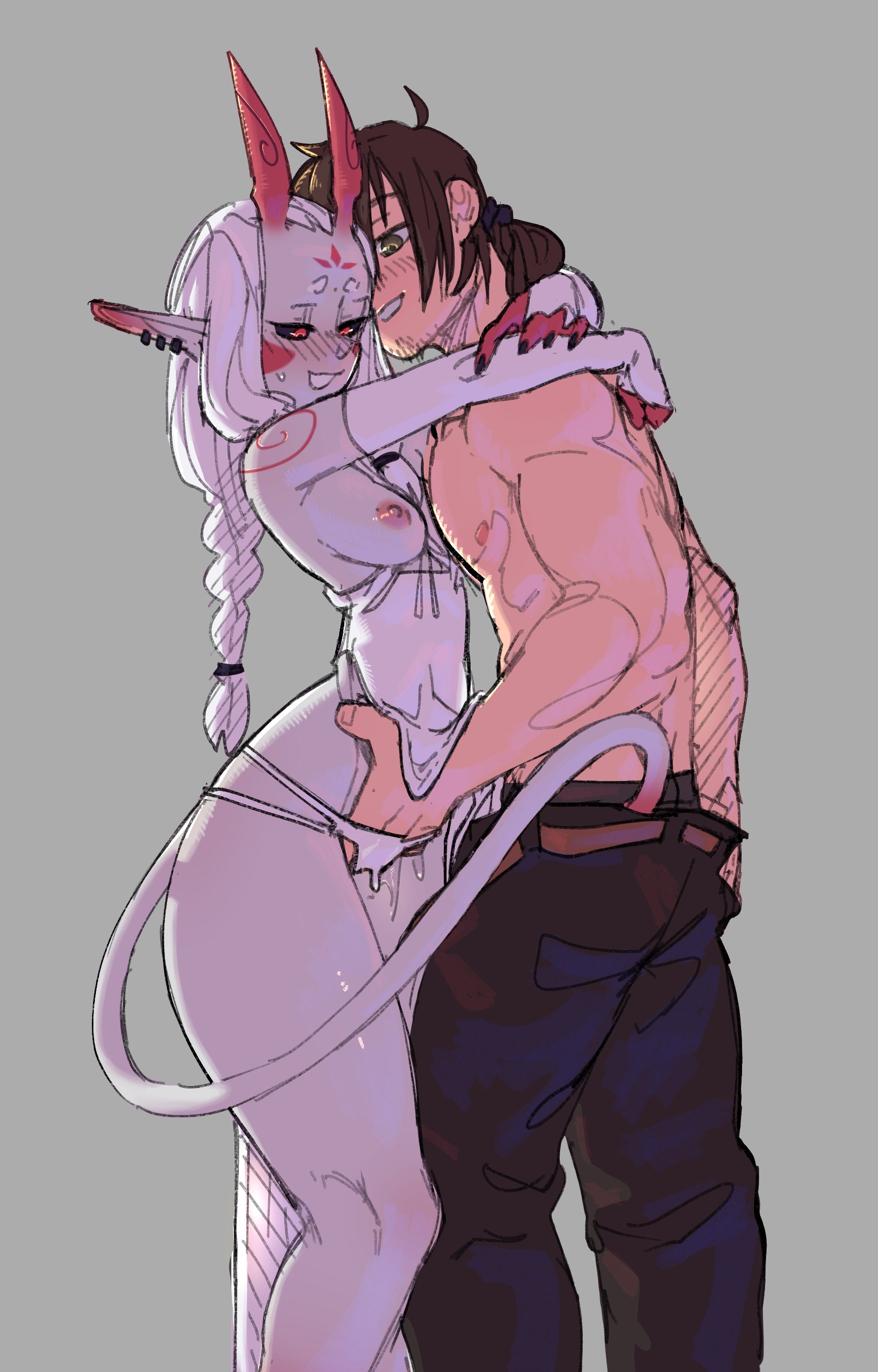 beamboi, demon, demon girl, female, fingering, horns, light skin, light-skinned male, male, succubus, tail