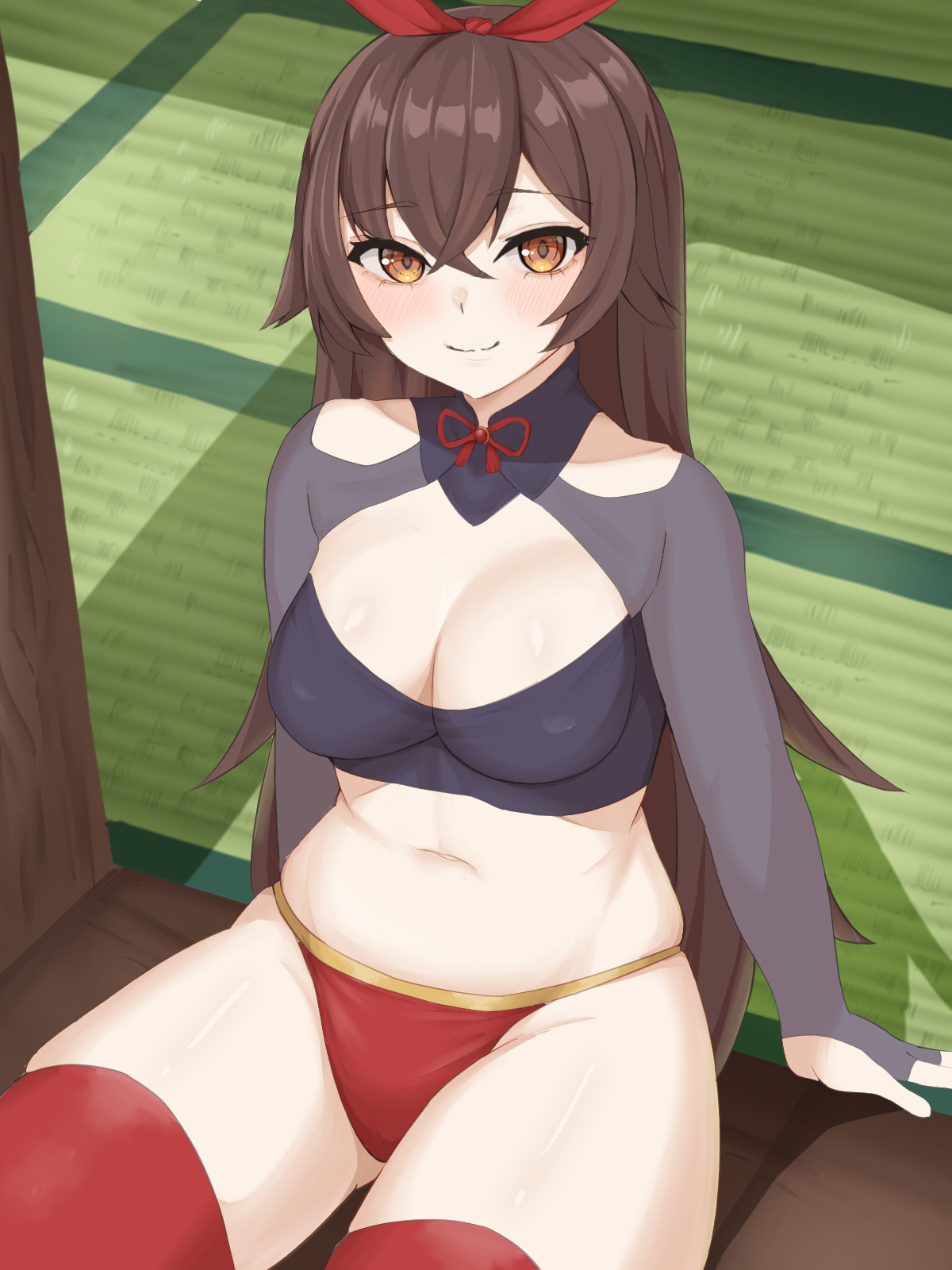 72 boshi, amber (genshin impact), big breasts, blush, breasts, brown hair, female, genshin impact, lingerie, orange eyes, panties, revealing clothes, thick thighs, thighhighs, thighs, tight clothing