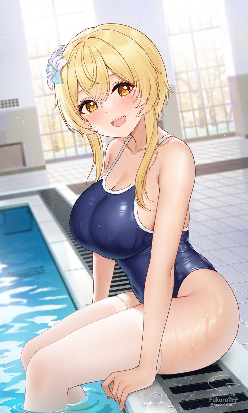 1girls, blonde hair, breasts, busty, cleavage, curvaceous, curvy, female, fukuro ko (greentea), genshin impact, large breasts, looking at viewer, lumine (genshin impact), one-piece swimsuit, school swimsuit, smile, swimming pool, swimsuit, thighhighs, wet, yellow eyes