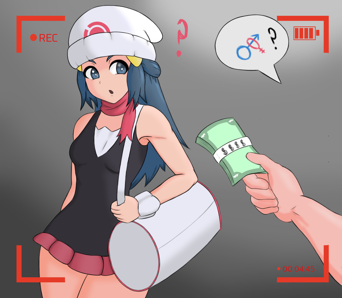 blue hair, camera view, dawn (pokemon), female, fully clothed, long hair, mrn00b0d1, offering money, pokemon, propositioning, prostitution, tagme