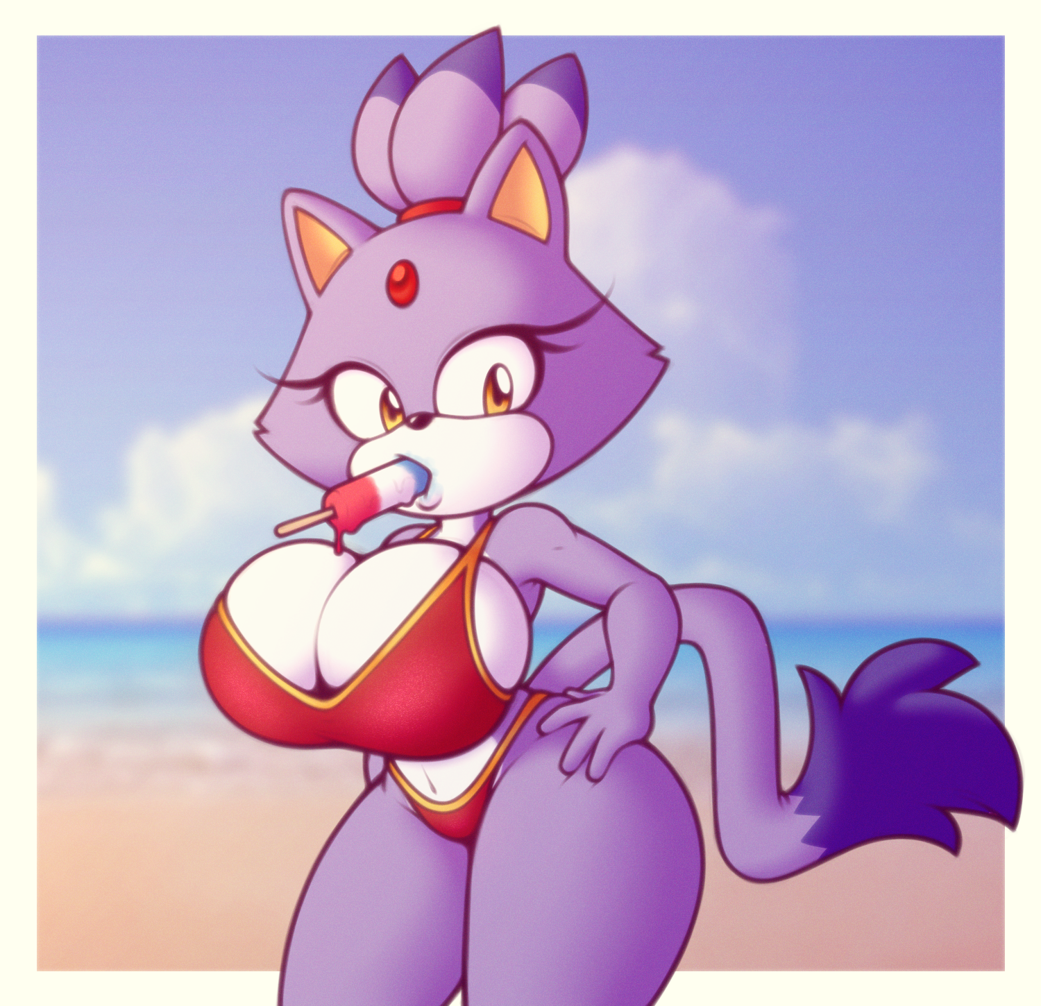 anthro, ass, beach, big ass, big breasts, big butt, bikini, blaze the cat, breasts, bubble ass, bubble butt, cleavage, clothed, clothing, domestic cat, felid, feline, felis, female, female focus, female only, food, fur, furry, furry only, hi res, huge breasts, large breasts, mammal, popsicle, purple body, purple fur, seaside, sega, solo, sonic (series), sonic the hedgehog (series), stunnerpony, swimwear, tail, thick thighs, thighs, wide hips