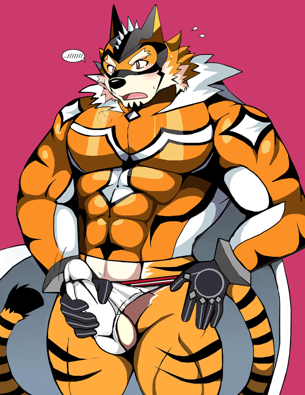 abs anthro bearlovestiger13 clothing felid fur genitals hi_res live-a-hero male mammal mask muscular muscular_anthro muscular_male pantherine pecs penis ryekie_(live_a_hero) solo spandex superhero tiger tight_clothing video_games