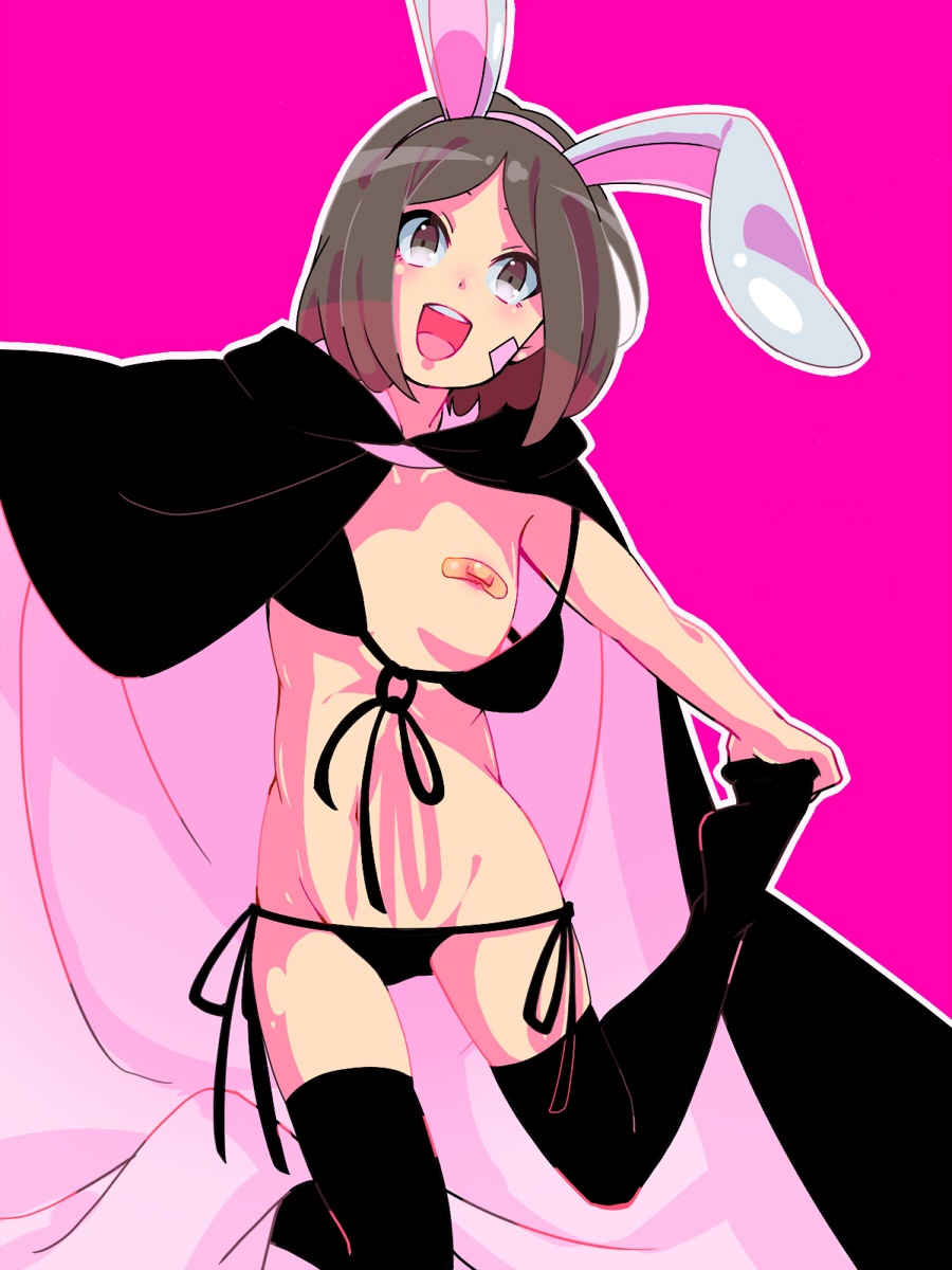 1girls, animal ears, areola slip, areolae, bandaid, bandaids on nipples, bikini, bikini top removed, black bikini, breasts, brown hair, bunny ears, cape, fake animal ears, female, female only, flat chest, happy, highres, kajicka, looking at viewer, naruto, naruto (series), naruto shippuden, nohara rin, pasties, petite, rabbit ears, short hair, simple background, small breasts, solo, string bikini, swimsuit, thighhighs