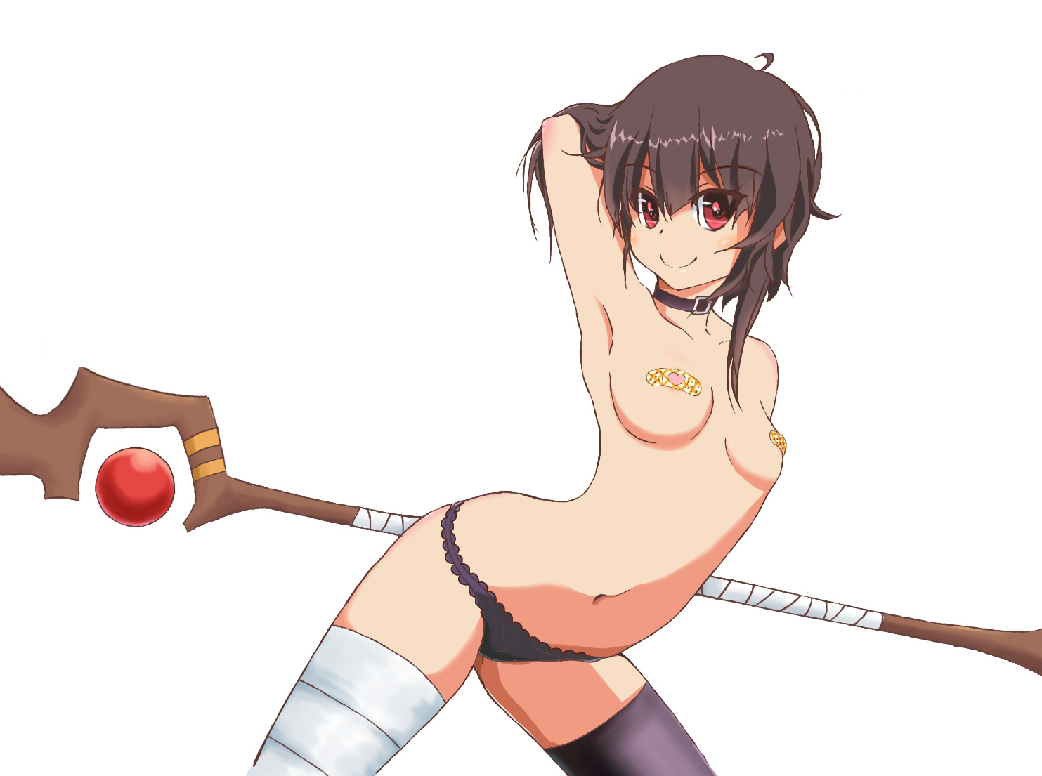 1girls, arm above head, armpits, bandaged leg, bandages, bandaid, black hair, breasts, choker, female, female only, jon sumisu, kono subarashii sekai ni shukufuku wo!, looking at viewer, megumin, midriff, nipple pasties, panties, pasties, red eyes, short hair, small breasts, smile, solo, staff, thighhighs, topless, underwear