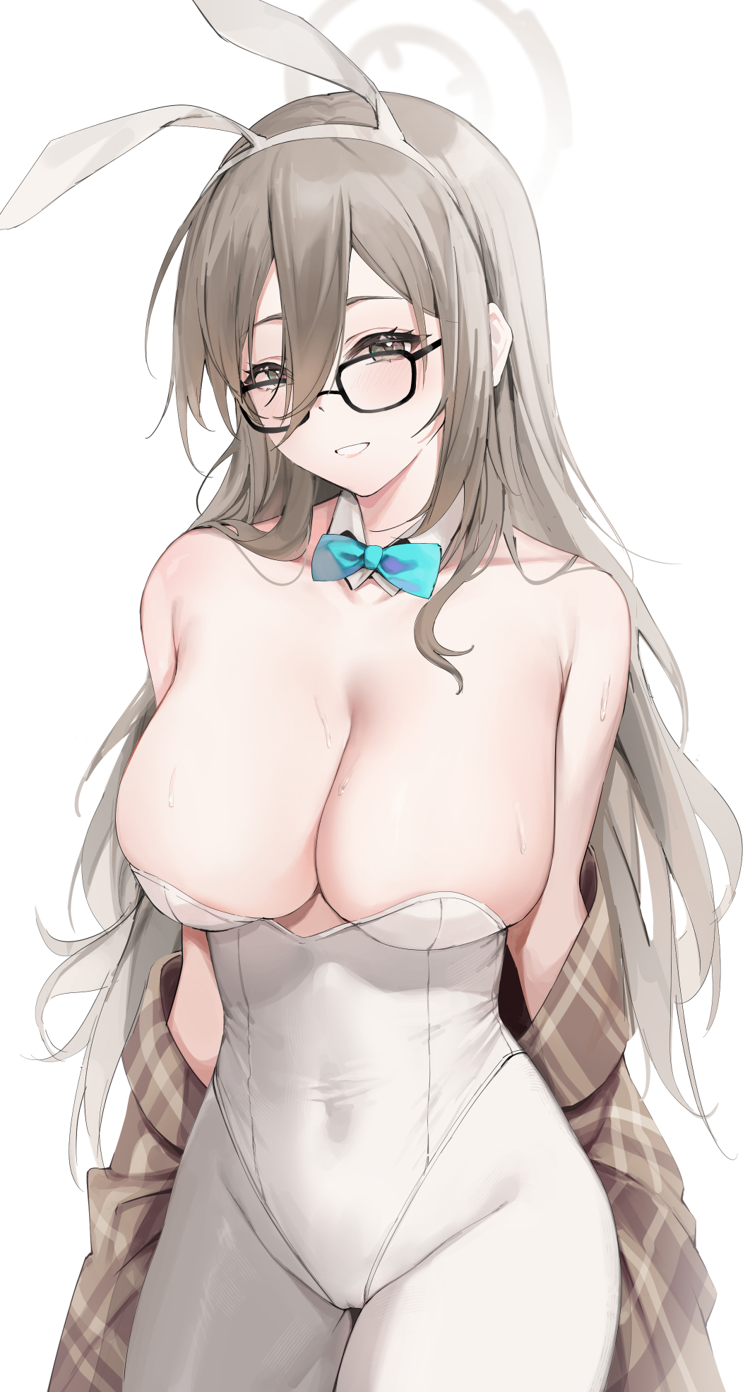 1girls 2021 akane_(blue_archive) akane_(bunny)_(blue_archive) animal_ears bare_shoulders blue_archive blue_neckwear bow bowtie breasts brown_hair cameltoe cleavage collarbone cowboy_shot detached_collar eyebrows_visible_through_hair fake_animal_ears female female_focus female_only glasses hair_between_eyes hairband highres large_breasts leotard long_hair looking_at_viewer millennium_science_school_student pantyhose playboy_bunny rabbit_ears solo solo_female solo_focus strapless strapless_leotard sweat white_background white_leotard yamiiv