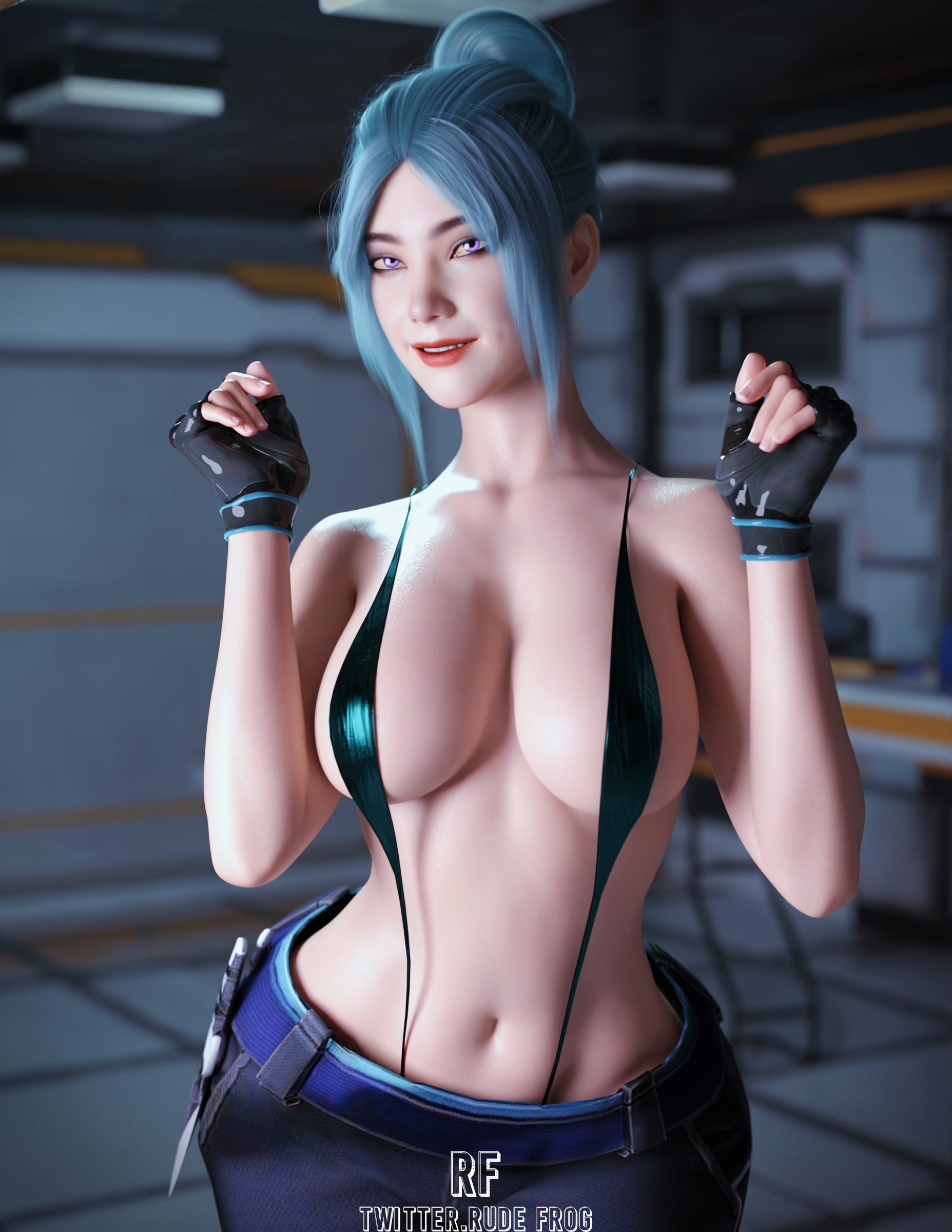 1girls, 3d, big breasts, breasts, female, female only, jett (valorant), large breasts, rude frog, solo, valorant, video game character