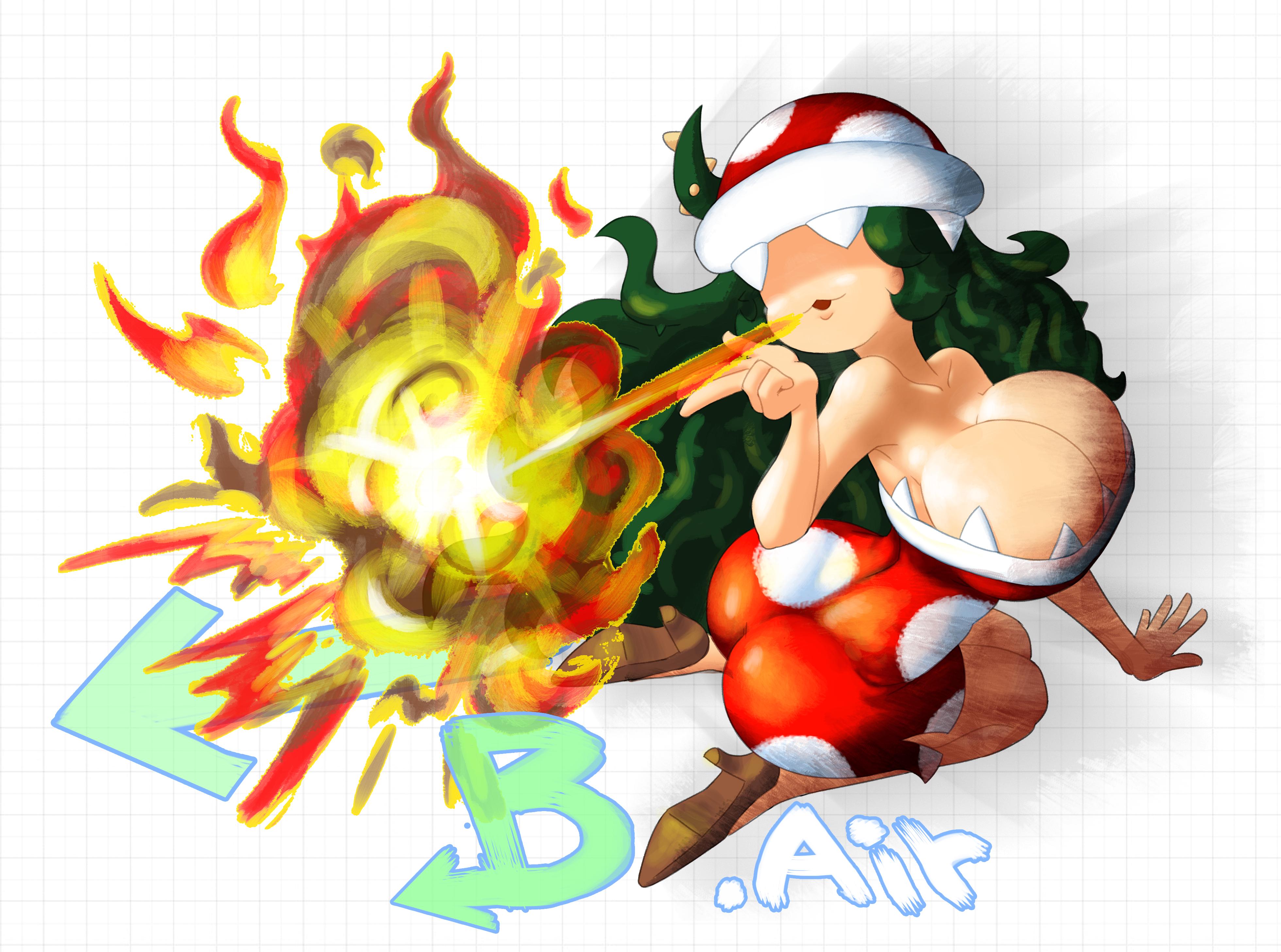 1girls, 2020, absurd res, arched back, arrow, ass, attack, bare arms, bare shoulders, big ass, breasts, cleavage, dress, explosion, female, female only, finger gun, fire, full body, gameplay mechanics, green hair, grid background, hat, high heels, highres, jumping, large breasts, long hair, looking back, mario (series), messy hair, minus8, nintendo, open mouth, piranha plant, piranha plant girl, polka dot, polka dot dress, red dress, shaded face, smile, solo, spikes, strapless, strapless dress, super smash bros., super smash bros. ultimate, text, thighs, tight clothing, very long hair