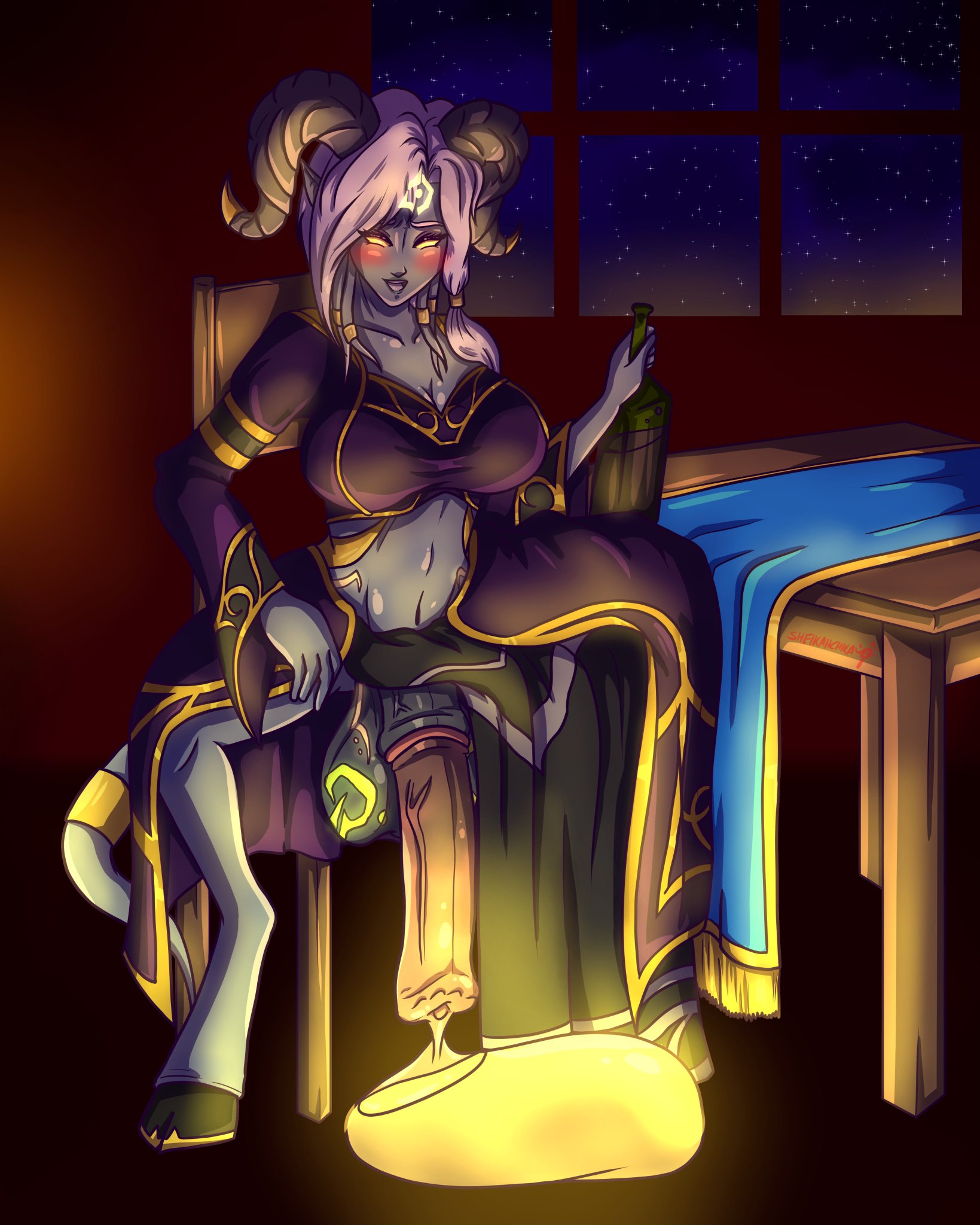1futa, animal genitalia, animal genitalia on humanoid, balls, big balls, big breasts, big penis, blue skin, breasts, clothed, clothing, condom, condom filling, cum, draenei, drunk, futa only, futanari, glowing cum, glowing eyes, glowing penis, hooves, horns, horse penis, horsecock, horsecock on humanoid, huge balls, huge cock, humanoid, intersex, night, partially clothed, penis, revealing penis, sheikah arts (artist), sitting, solo, spread legs, tail, warcraft, yellow cum