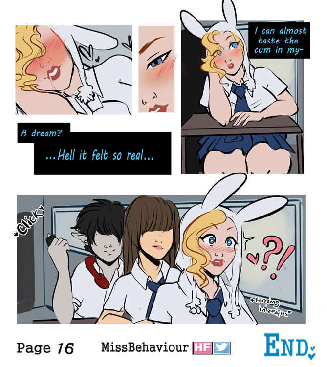 1boy 2girls adventure_time blonde_hair blue_eyes bunny_ears comic comic_page english_text faceless_male fionna_the_human_girl flower glory_hole lips lipstick marshall_lee missbehaviour panties school_uniform schoolgirl short_skirt stuck stuck_in_wall text thick_thighs thighhighs vampire