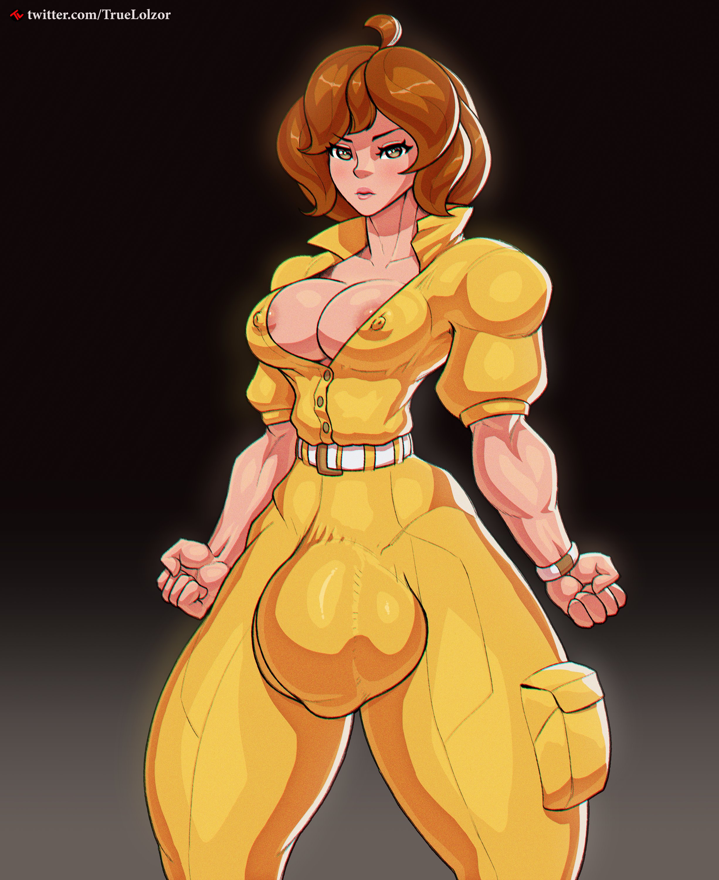 1futa, ahoge, april o'neil, april o'neil (tmnt 1987), areola slip, areolae, balls, belt, big balls, big penis, breasts, brown hair, bulge, cleavage, clothed, clothing, erect nipples, flaccid, flaccid penis, futa only, futanari, gradient background, human, intersex, light skin, light-skinned futa, mostly clothed, nipples, open clothes, outerwear, pale skin, penis, short hair, solo, solo futa, standing, teenage mutant ninja turtles, tmnt 1987, truelolzor, wristwear
