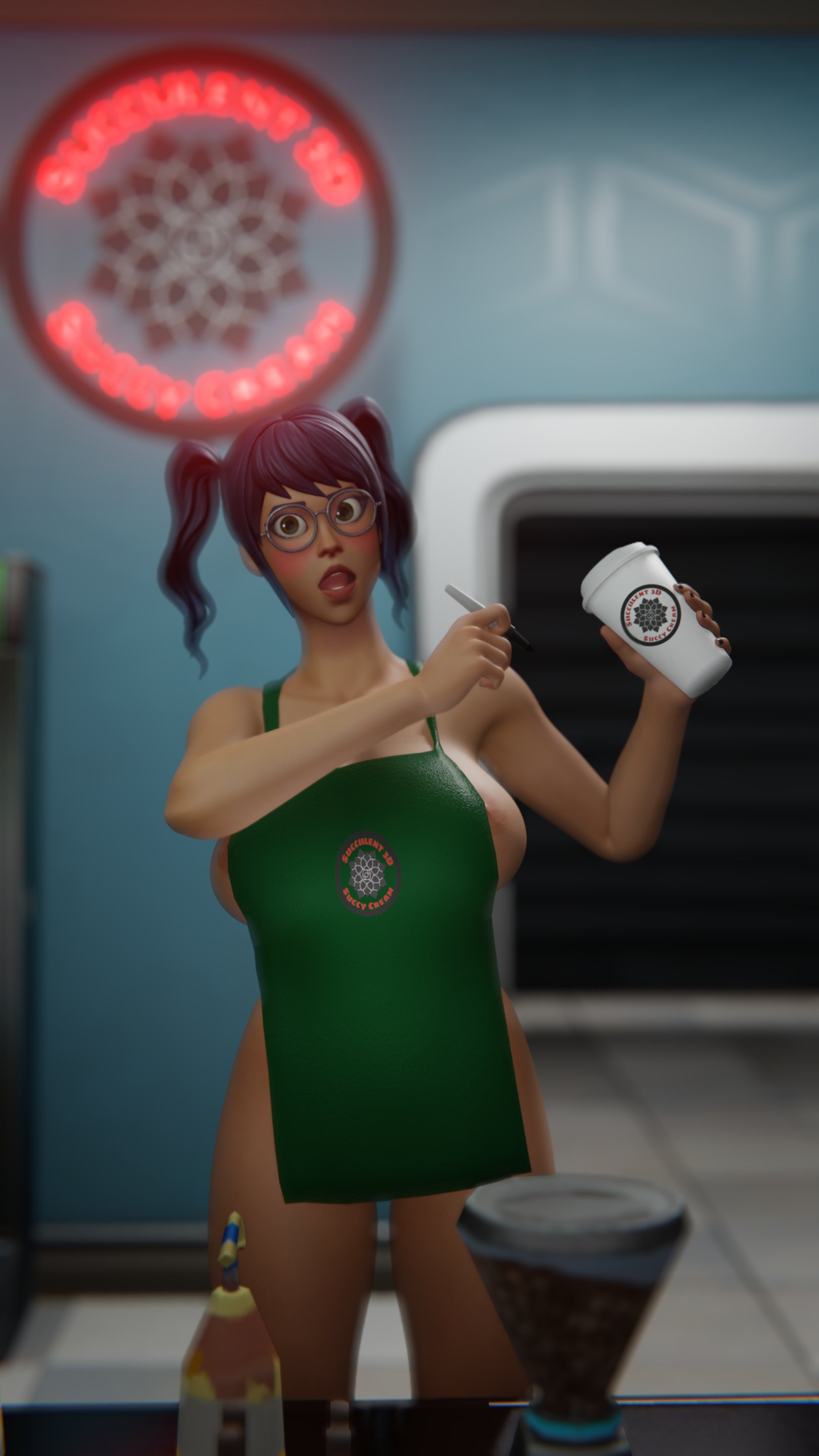 3d, barista, breasts, crystal (fortnite), female, fortnite, fortnite: battle royale, iced latte with breast milk, meme, nipple slip, ponytail, succulent3d, tagme, thighs