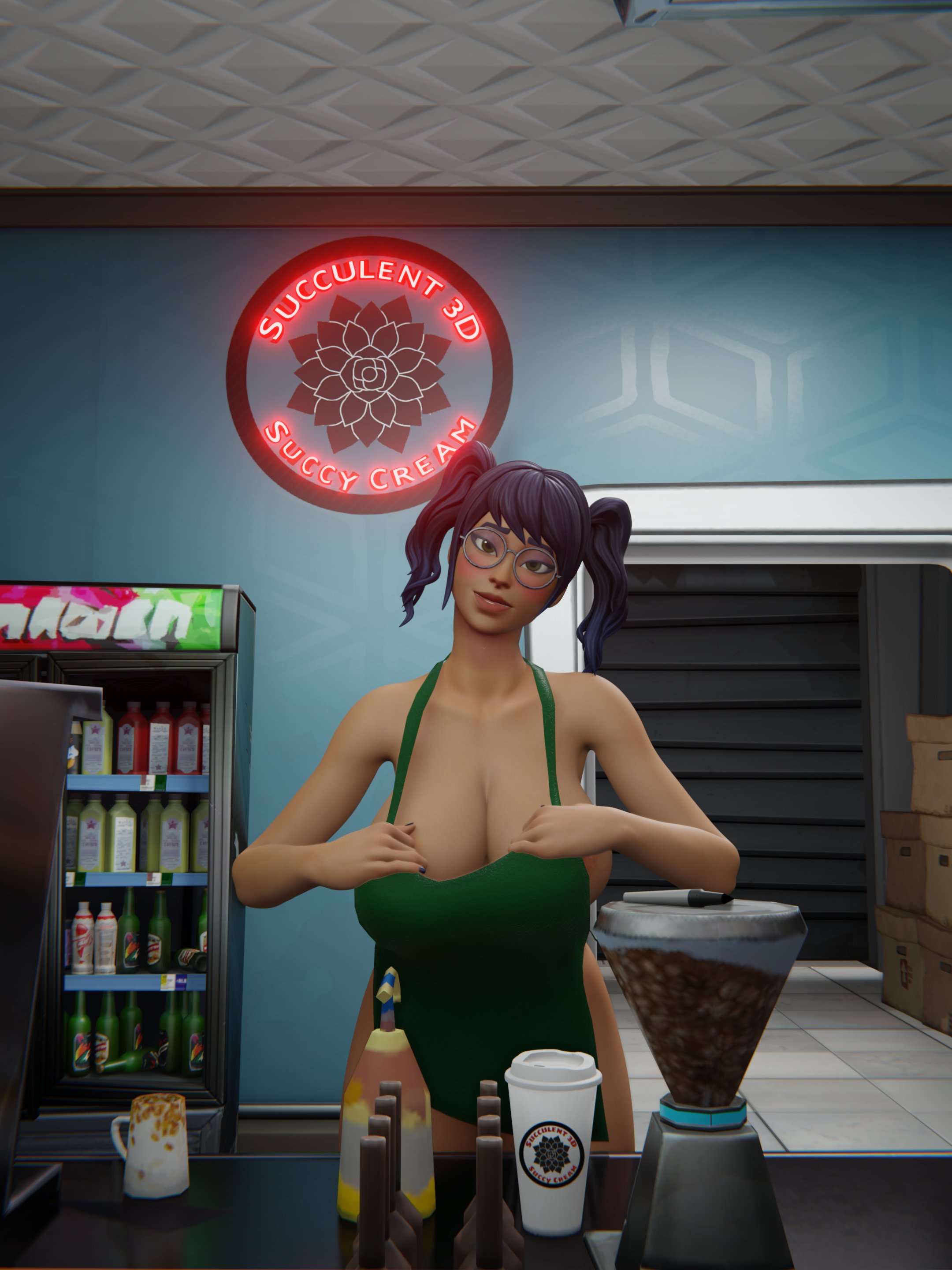 3d, big breasts, breasts, crystal (fortnite), female, fortnite, fortnite: battle royale, iced latte with breast milk, meme, nipple slip, ponytail, smile, succulent3d, tagme