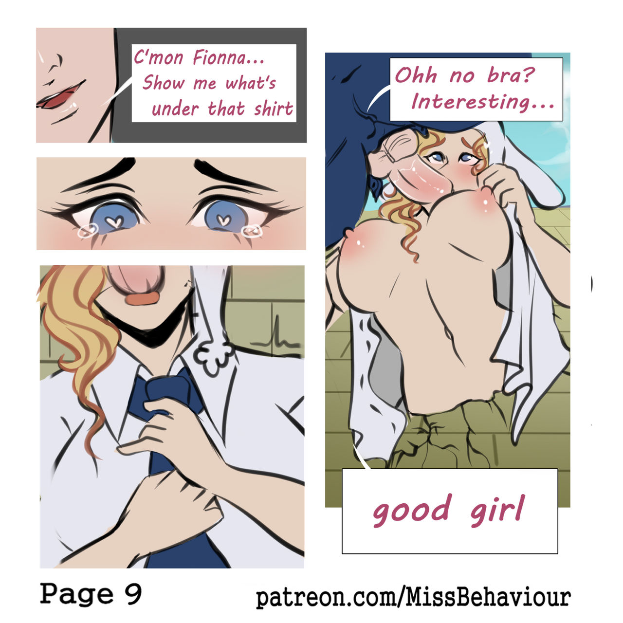 1boy 1girls adventure_time blonde_hair blue_eyes bunny_ears comic english_text faceless_male fionna_the_human_girl flower glory_hole lips lipstick missbehaviour page_10 panties prince_gumball school_uniform schoolgirl short_skirt speech_bubble stuck stuck_in_wall