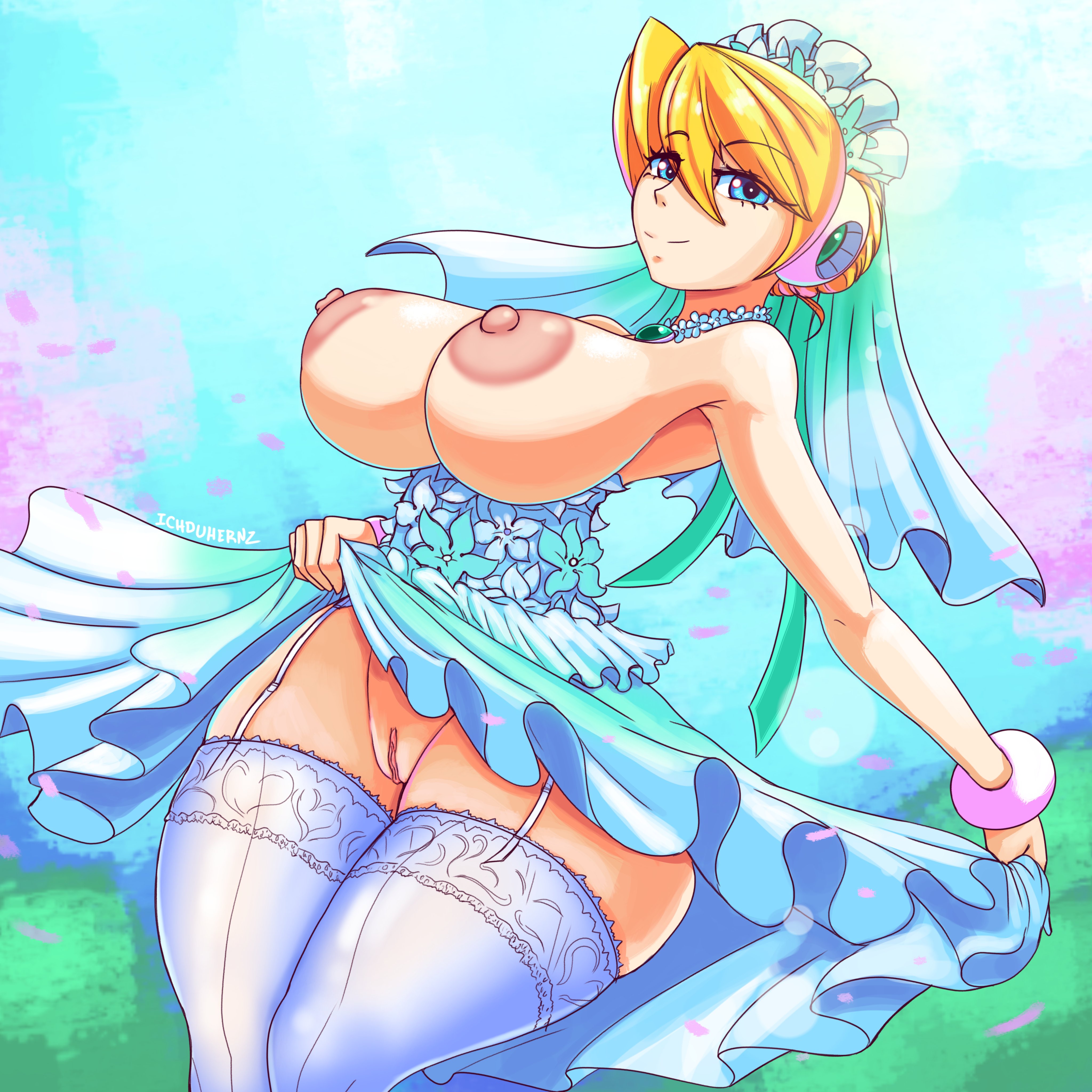 2021, alia, alternate costume, android, blonde hair, blue eyes, bottomless, breasts, bridal alia (x dive), bride, dress, female, ichduhernz, large breasts, light skin, light-skinned female, mega man, mega man x, mega man x dive, pussy, robot girl, thick thighs, thigh squish