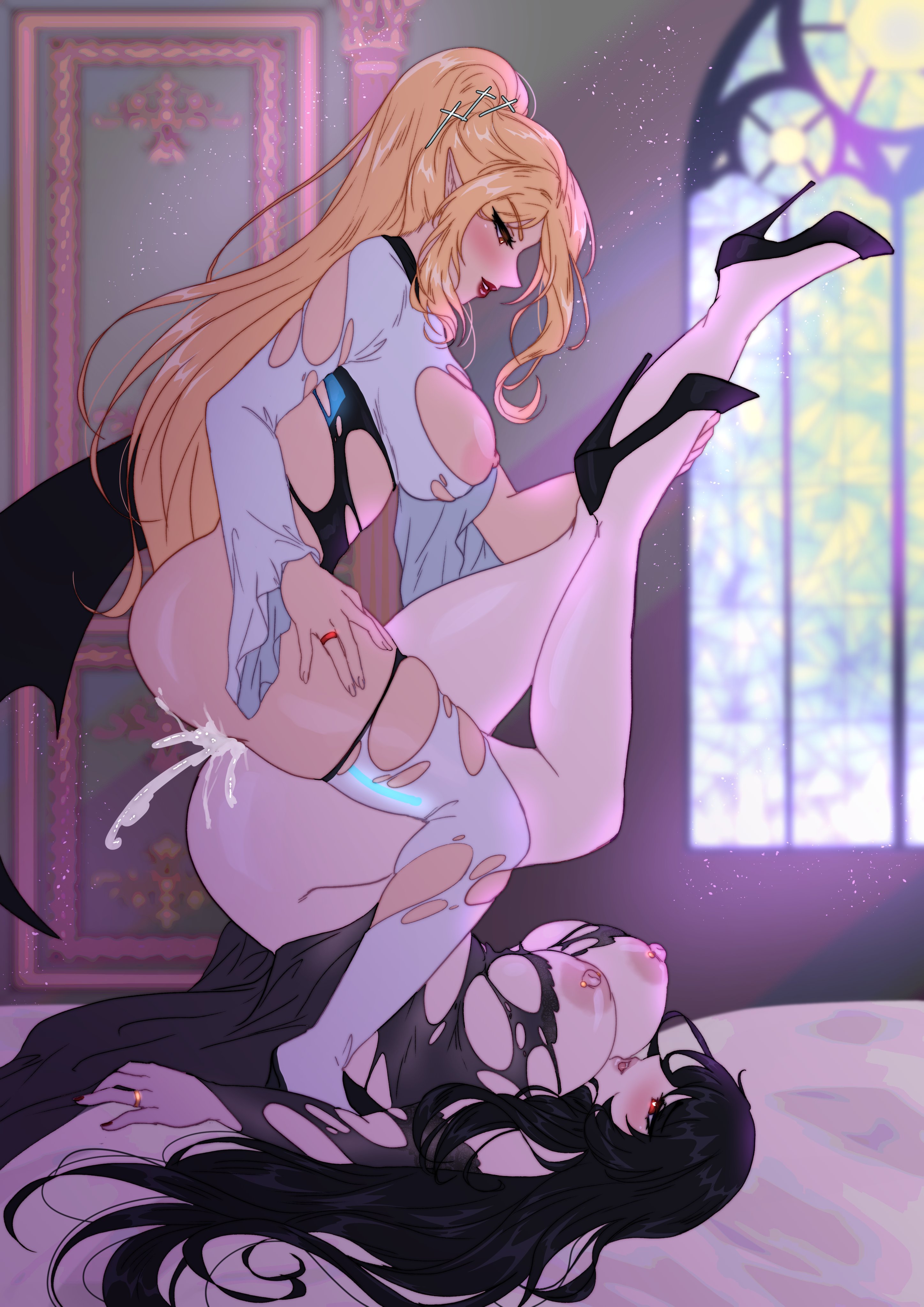 1futa, 2girls, amazon position, bed, black hair, blonde hair, breasts, clothed, clothing, cum, cum inside, duo, ejaculation, elf, elyunae, female, futa on female, futanari, high heels, huge breasts, human, implied futa, indoors, intersex, light skin, light-skinned female, light-skinned futa, long hair, mostly nude, nude, pale skin, pierced nipples, pointy ears, skindentation, thighhighs, torn clothes, yuri