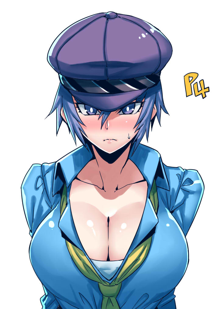 1girls big_breasts blank_background blue_eyes blue_hair blush breasts cleavage female front_view hat huge_breasts looking_at_viewer megami_tensei overalls persona persona_4 seductive shirogane_naoto sole_female solo solo_female solo_focus sweat sweatdrop tie tomboy tsuki_wani tsukiwani tukiwani