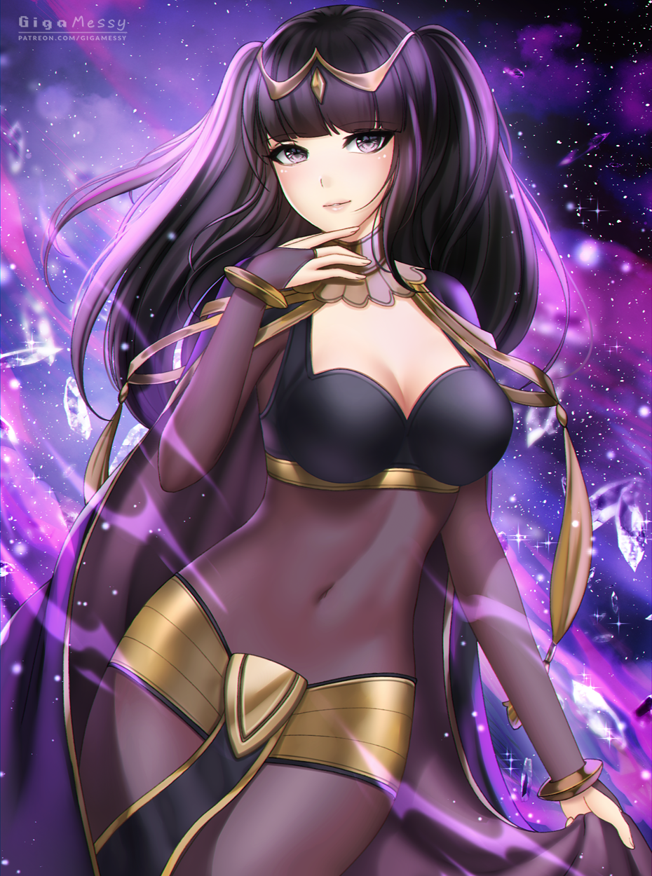 1girls bangs black_eyes black_hair bodystocking breasts cape cleavage fire_emblem fire_emblem_awakening gigamessy looking_at_viewer medium_breasts nintendo pelvic_curtain smile solo tharja_(fire_emblem)