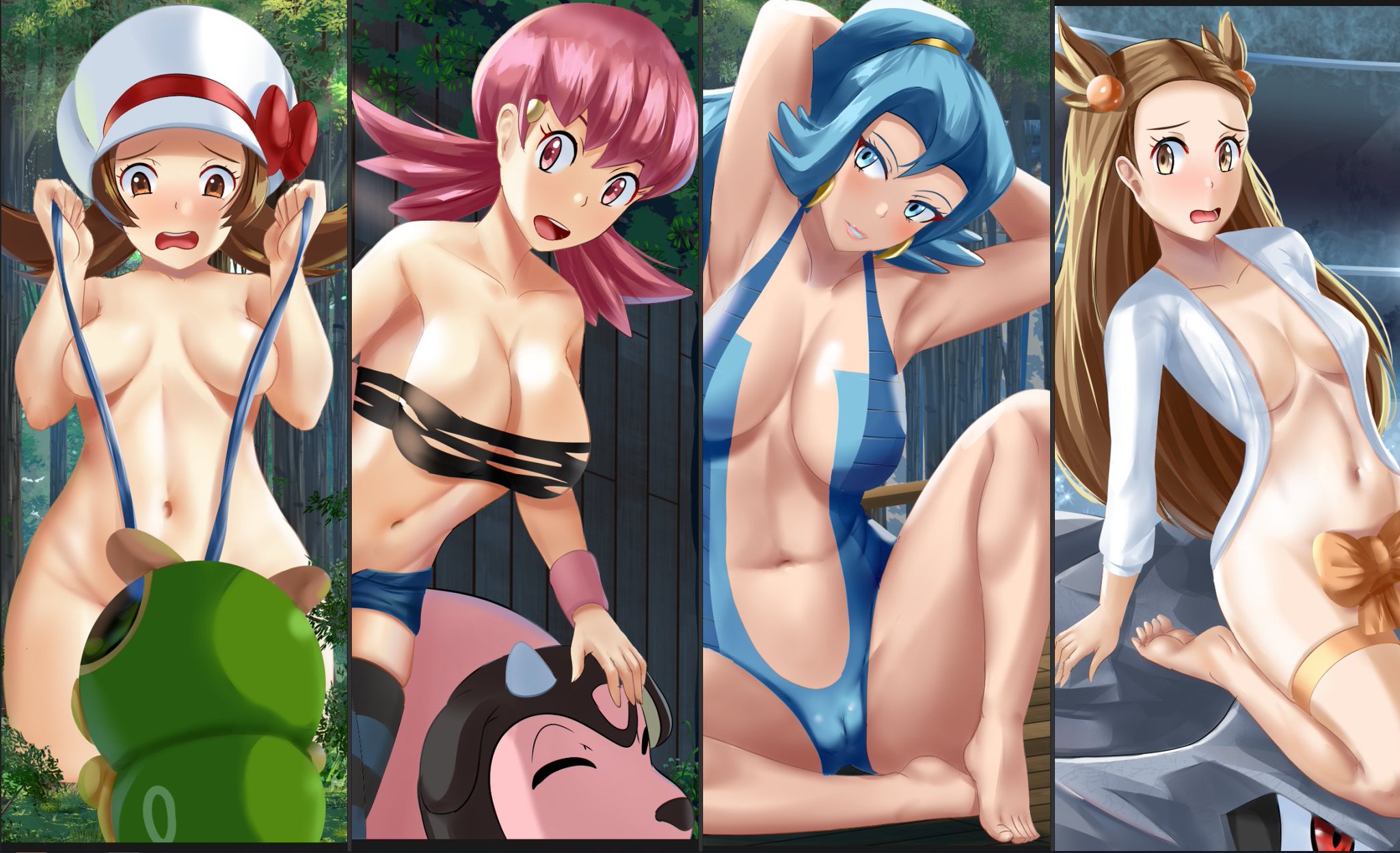 4girls, blue eyes, blue hair, blue-haired female, breasts, brown eyes, brown hair, brown-haired female, caterpie, clair (pokemon), covered breasts, covered pussy, female, fuzzlogik, game freak, hair ornament, hat, jasmine (pokemon), lips, lipstick, lyra (pokemon), miltank, multiple females, multiple girls, nintendo, orange bow, outdoors, pink eyes, pink hair, pink lips, pink lipstick, pink-haired female, pokemon, pokemon gsc, pokemon hgss, pussy, red bow, steelix, whitney (pokemon)