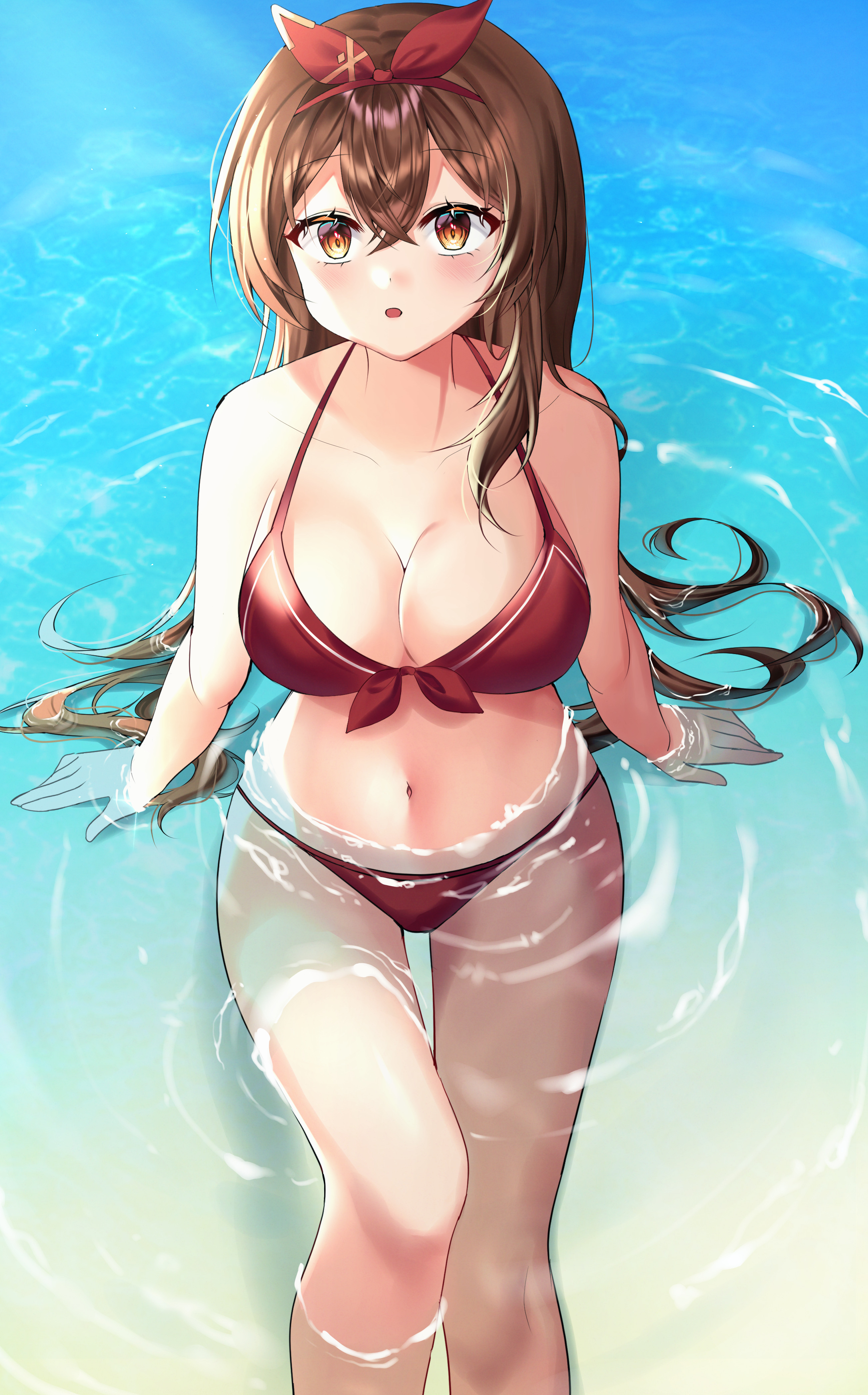 1girls, amber (genshin impact), bikini, breasts, brown hair, cleavage, educk, female, female focus, female only, genshin impact, midriff, navel, orange eyes, swimsuit, thick thighs, thighs, wet