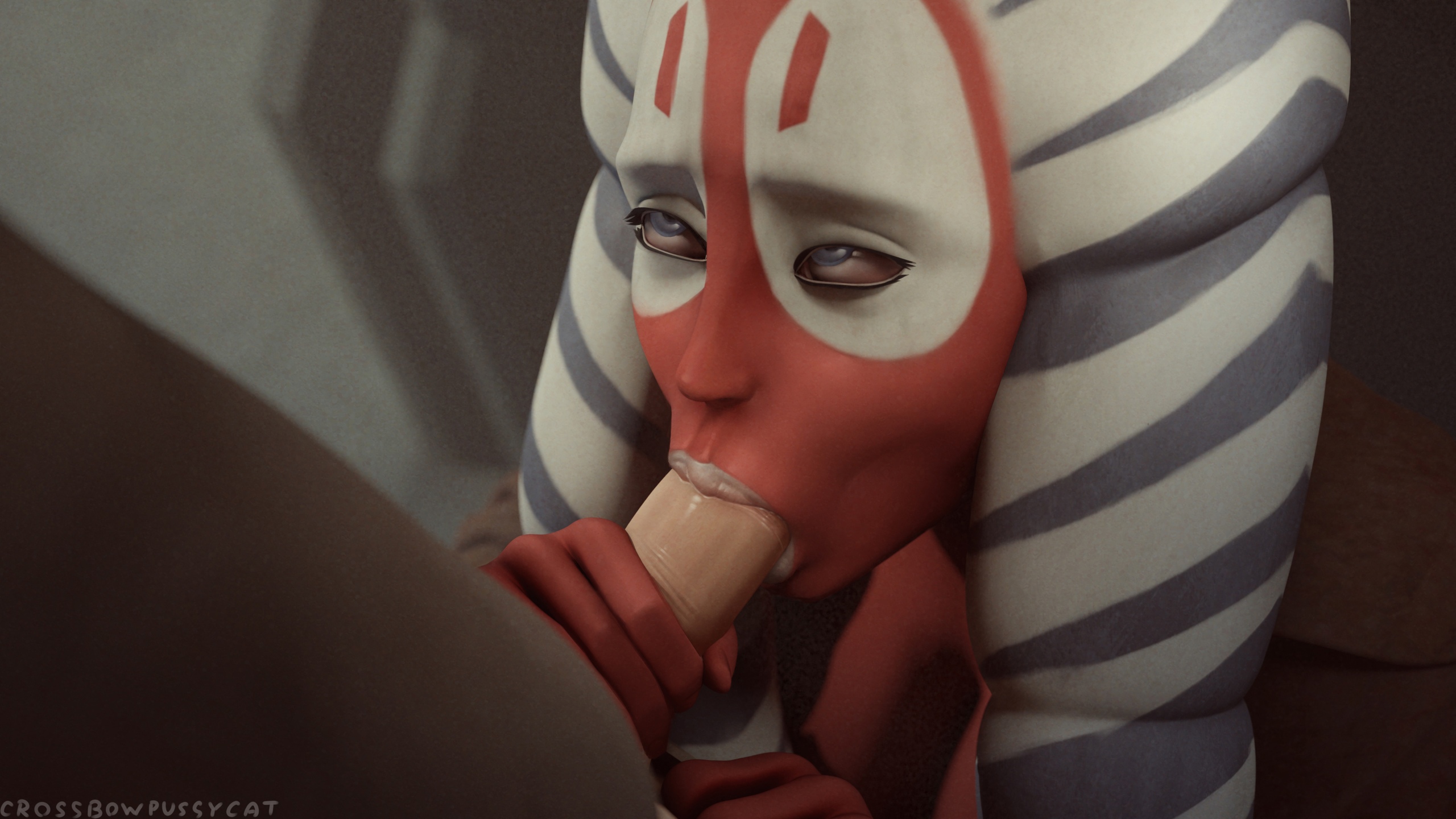 :>=, 1boy, 1girls, 3d, alien, alien girl, blowjob, blue eyes, breasts, brown clothing, cleavage, cloak, clothed, clothed female, clothing, crossbowpussycat, eye contact, eyelashes, facial markings, fellatio, female, hand on penis, head tails, human, human penetrating, humanoid, interspecies, kneeling, light skin, light-skinned male, looking at another, looking up, looking up at partner, male, medium breasts, nude, nude male, oral, penis, penis grab, red skin, sex, shaak ti, standing, star wars, togruta, unseen male face, white lips