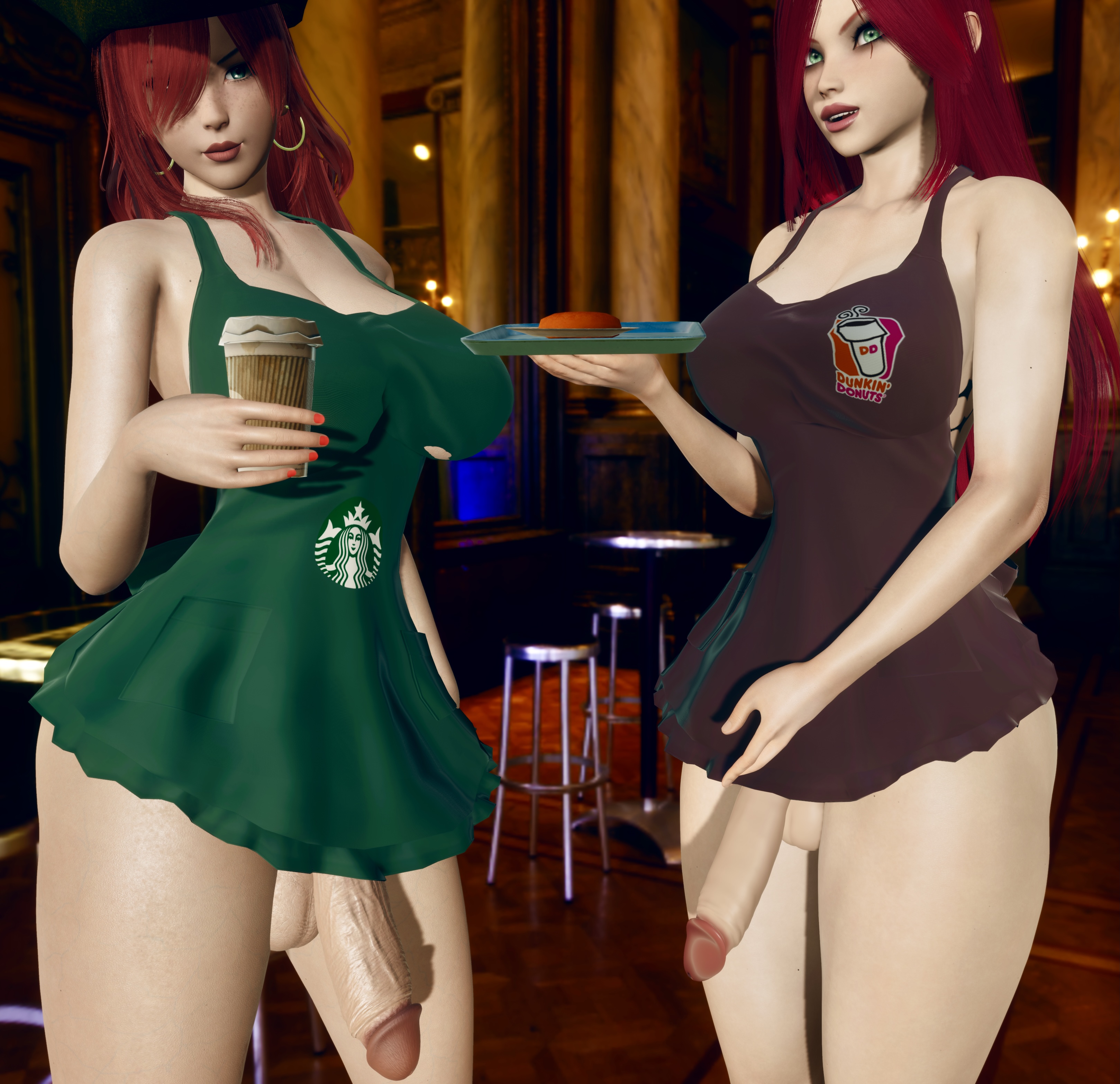 2futas, 3d, barista, big breasts, big penis, breasts, clothed, clothing, coffee, donut, dunkin' donuts, duo, erection, futa only, futanari, green eyes, human, iced latte with breast milk, iced latte with dick milk, intersex, katarina du couteau, league of legends, light skin, light-skinned futa, long hair, miss fortune, monsoonlighter, mostly clothed, pale skin, penis, pose, red hair, standing, starbucks