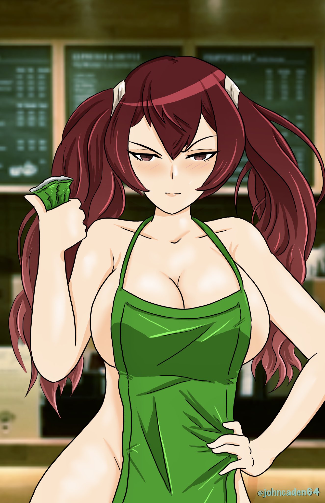 1girls alternate_breast_size angry apron bare_shoulders bare_thighs big_breasts breasts cleavage collarbone commission crushing fire_emblem fire_emblem_awakening glaring hand_on_hip holding holding_cup holding_object huge_breasts iced_latte_with_breast_milk johncaden large_breasts long_hair looking_at_viewer meme naked_apron nintendo red_eyes red_hair severa_(fire_emblem) sideboob solo twintails