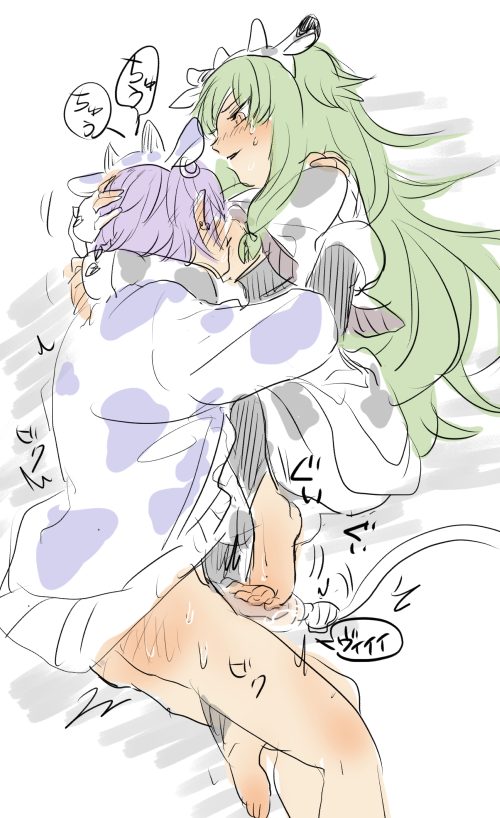 1boy, 1girls, adult, androgynous, blush, breasts, cona, cow ears, cow girl, cow horns, cow print, cum, erection, female, japanese text, kamishiro rui, kusanagi nene, lactation, male, milk, milking, penis, project sekai, purple hair, straight, sucking nipples