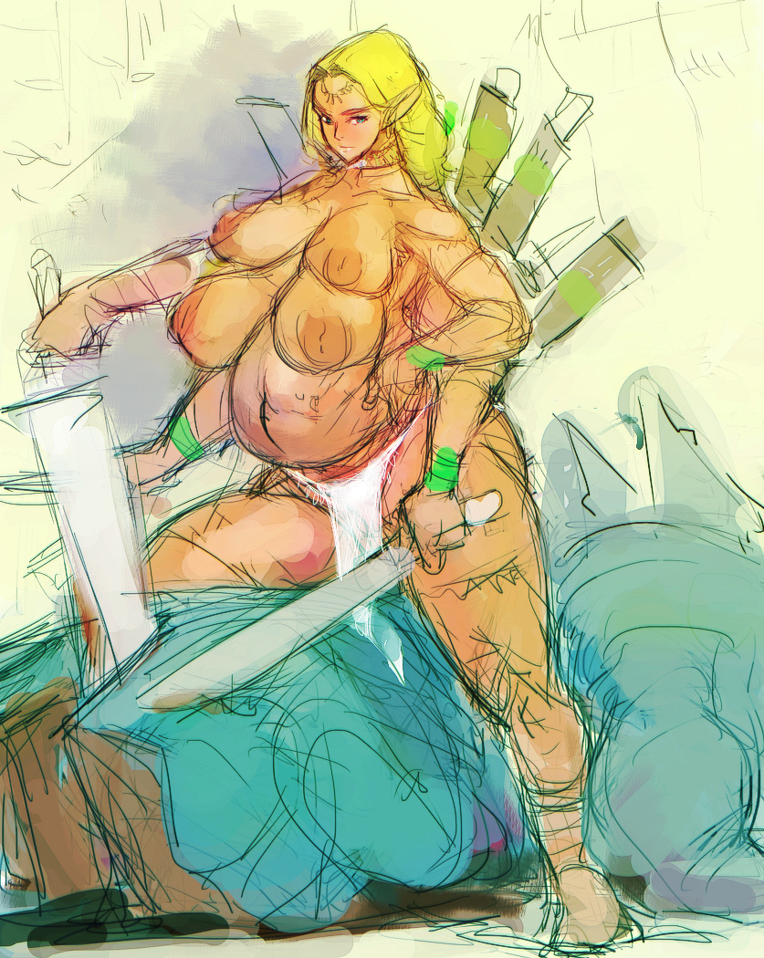 4_arms big_breasts breasts character_request copyright_request elf elf_ears female female_only female_warrior loincloth multi_arm multi_breast multi_limb pointy_ears pregnant sketch tagme ukatsu_juuzou weapon