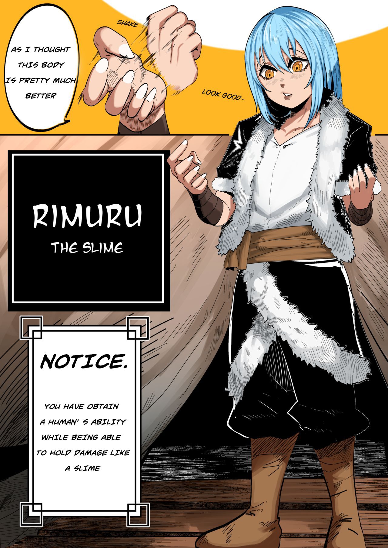 blue hair, colored, comic, english text, gay, green (artist), manga, rimuru tempest, speech bubble, tensei shitara slime datta ken, text, yellow eyes
