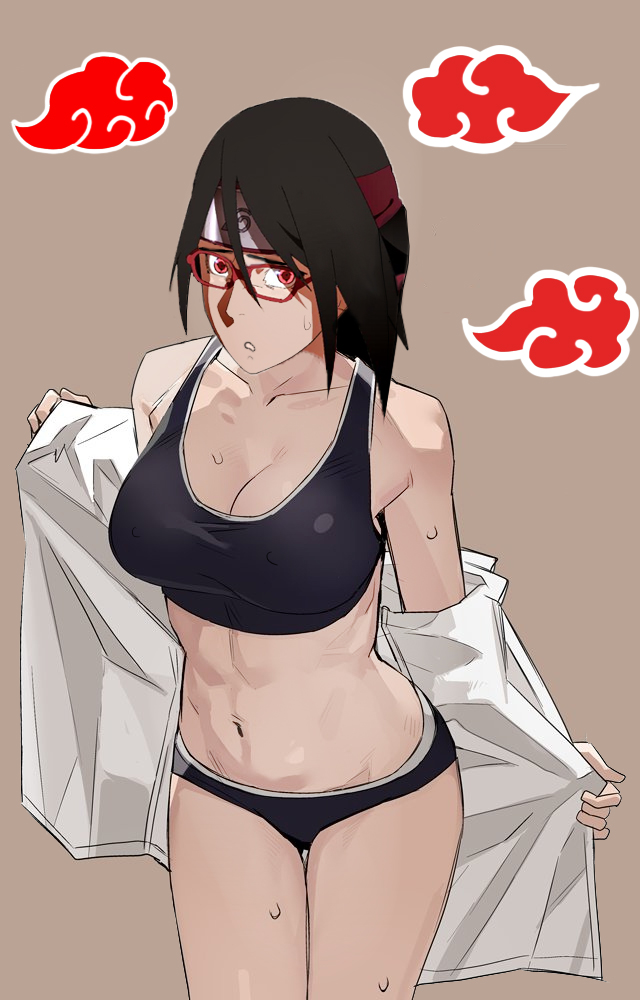 1girls abs aged_up akatsuki_(naruto) big_breasts black_bra black_hair black_panties boruto:_naruto_next_generations bra breasts cleavage clothed clothing edit erect_nipples erect_nipples_under_clothes female female_focus female_only forehead_protector headband large_breasts light-skinned_female light_skin long_hair looking_at_viewer naruto naruto_(series) nervous nipple_bulge pale-skinned_female pale_skin panties partially_clothed perky_breasts pinup ponytail pose posing red_eyes sarada_uchiha sharingan shounen_jump solo solo_female solo_focus sports_bra standing sweat sweatdrop sweaty teenager tied_hair toned toned_female undressing utrobot