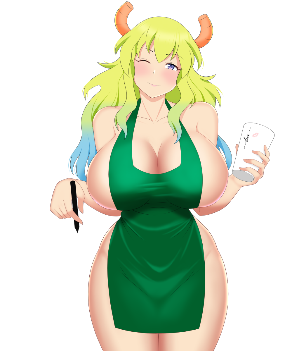 1girls apron cleavage dragon_girl dragon_horns female female_focus female_only horns hourglass_figure huge_breasts humanoid iced_latte_with_breast_milk light-skinned_female light_skin long_hair looking_at_viewer mangakay84 meme miss_kobayashi's_dragon_maid naked naked_apron one_eye_closed quetzalcoatl_(dragon_maid) solo three-tone_hair voluptuous wide_hips