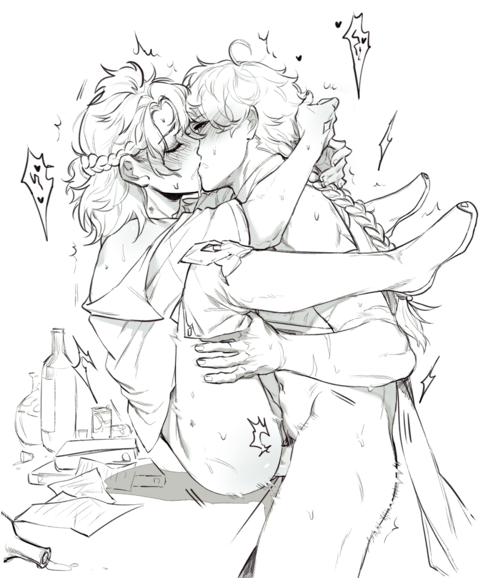 2boys, aether (genshin impact), albedo (genshin impact), anal, androgynous, blush, braid, erection, gay, genshin impact, jesuistae 23m, kissing, long hair, male, male only, monochrome, on table, penis, thick thighs, thighs, thrusting, yaoi