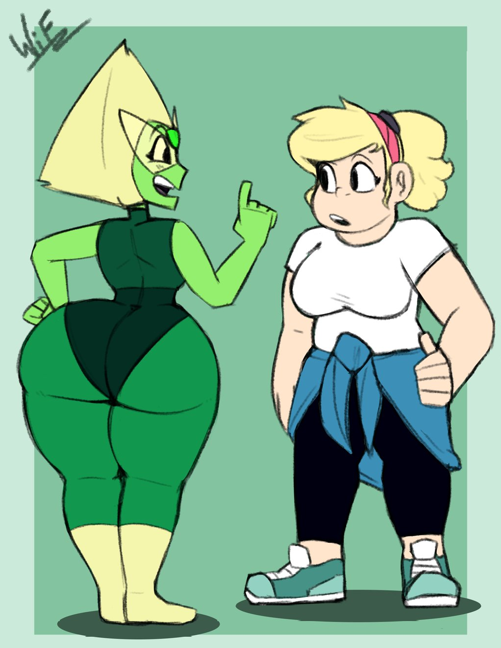 2girls, ass, ass focus, big ass, big butt, bodysuit, bottom heavy, breasts, bubble ass, bubble butt, cartoon network, color, edit, fat ass, female, gem (species), green leotard, green skin, hand on hip, multiple females, multiple girls, peridot (steven universe), sadie miller, simple background, steven universe, steven universe future, thick ass, thick thighs, thin waist, weirdisfun, white shirt, yellow hair