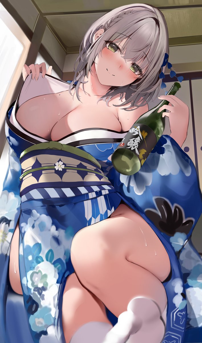 1girls, 2021, alternate version available, blue kimono, blush, bottle, braid, breasts, closed mouth, crown braid, drunk, female, female focus, female only, full-face blush, green eyes, grey hair, highres, holding, holding bottle, hololive, hololive fantasy, hololive japan, indoors, japanese clothes, kimono, kimono pull, large breasts, looking at viewer, mole, mole on breast, niii (memstapak), obi, sake bottle, sash, shirogane noel, short hair, smile, socks, solo, solo female, solo focus, sweat, thighs, virtual youtuber