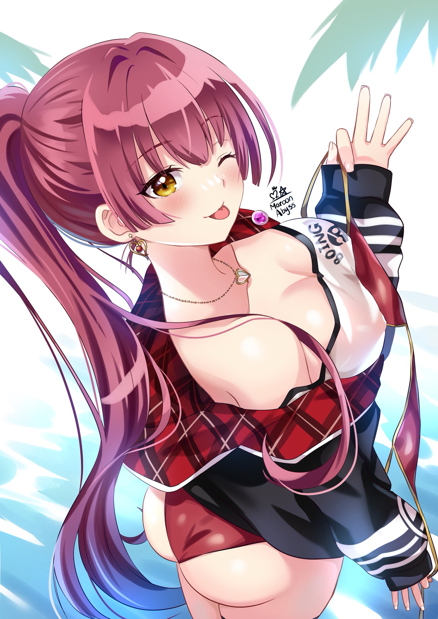 1girls, ass, big breasts, blush, breasts, female, hololive, hololive fantasy, hololive japan, houshou marine, maroonabyss, red hair, thick ass, tongue, tongue out, virtual youtuber, wink, yellow eyes