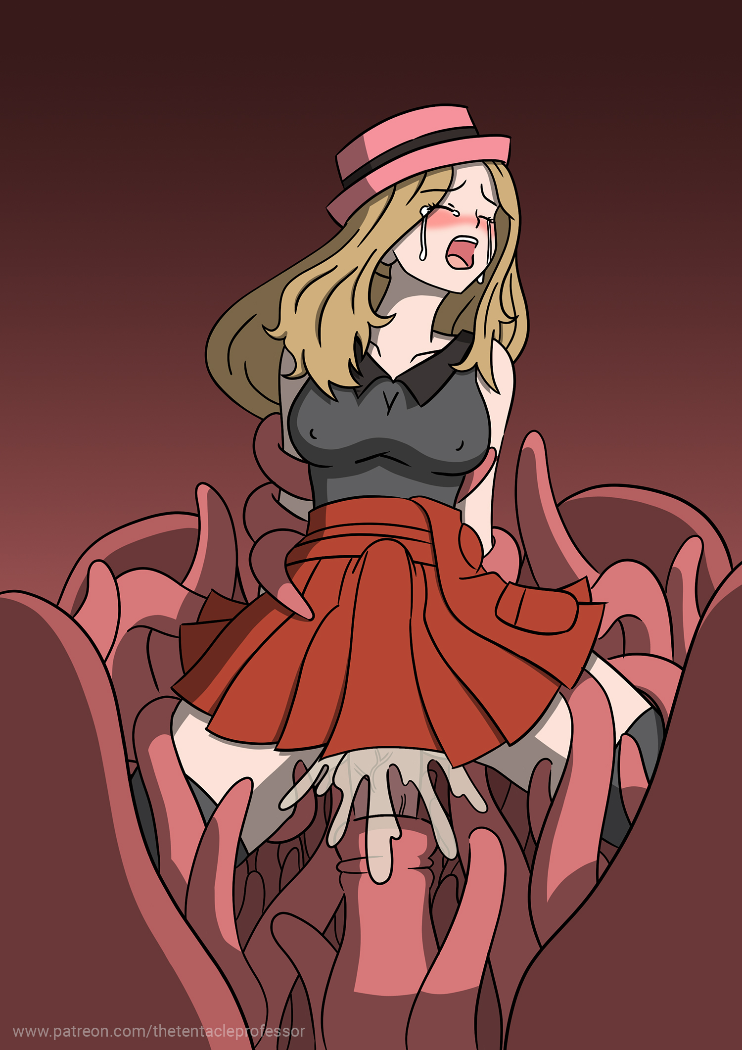 1girls, ambiguous penetration, arms held back, blonde hair, blush, closed eyes, clothed, clothed sex, clothing, covered penetration, cum, cum in pussy, cum inside, female, implied penetration, implied sex, long hair, monster, nipple bulge, open mouth, penetration, pink tentacles, pokemon, pussy, rape, red skirt, red tentacles, restrained, serena (pokemon), sex, sex under clothes, sex under skirt, skirt, spread legs, stomach bulge, suspension, tears, tentacle, tentacle pit, tentacle rape, tentacle sex, tentacle suspension, tentacle under skirt, tentacles under clothes, the tentacle professor, vaginal penetration