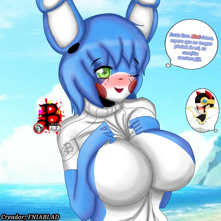 artist_self-insert beach bladgf blue_hair blush bob_cut breasts breasts_out five_nights_at_freddy's five_nights_in_anime green_eyes hands_on_breasts large_breasts looking_at_another open_mouth original_character rabbit red_cheeks smile sweater text tongue toy_bonnie_(fnaf) watermark wink