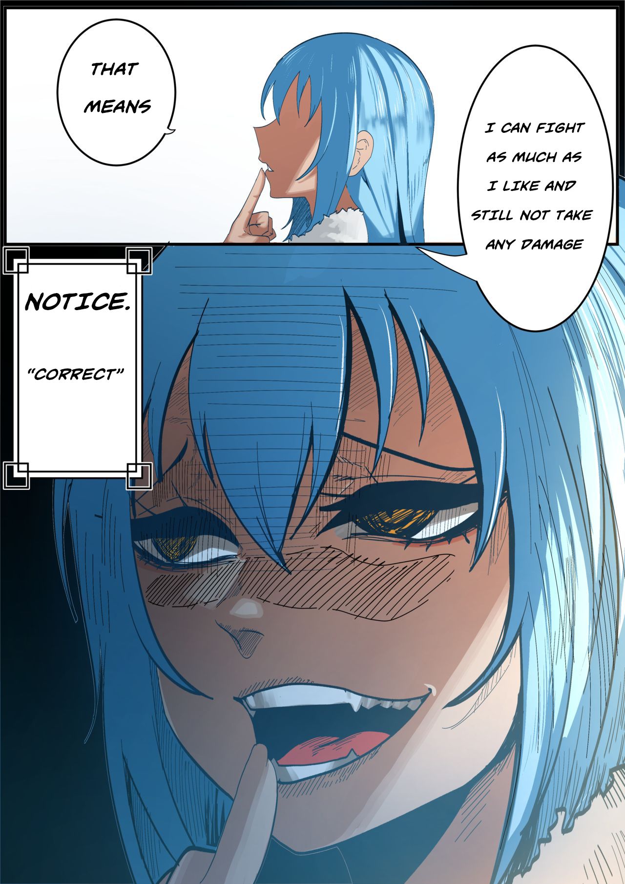 blue hair, colored, comic, english text, fangs, gay, green (artist), manga, rape face, rimuru tempest, sharp teeth, speech bubble, tensei shitara slime datta ken, text, yellow eyes