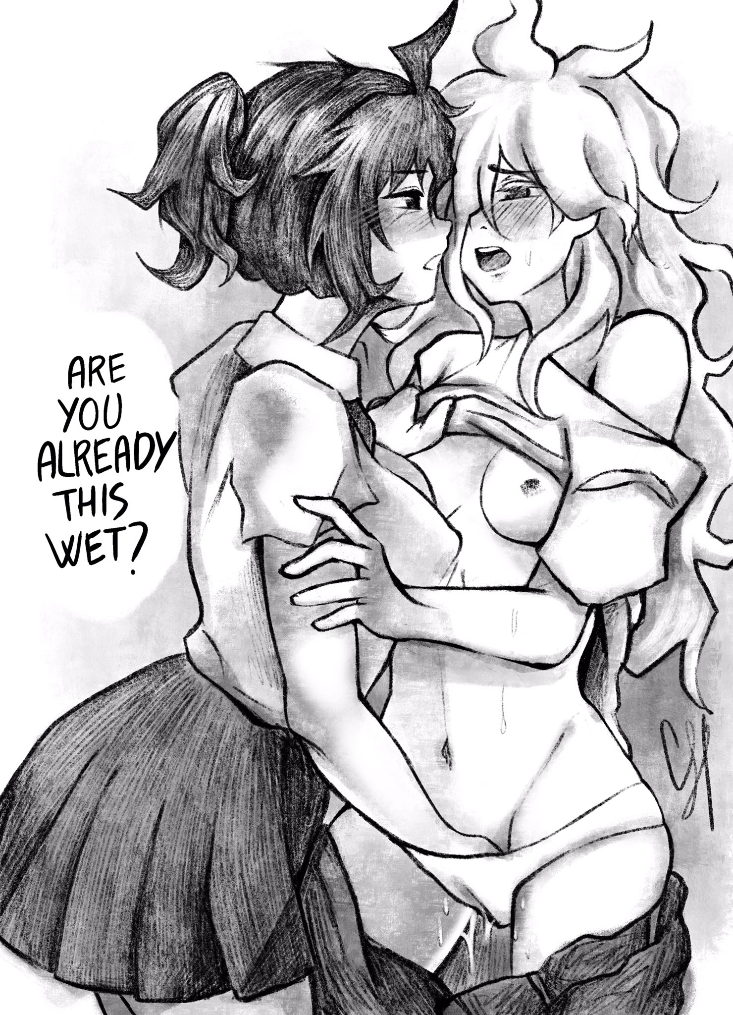 2girls, breasts, breasts out, clothing, danganronpa, danganronpa 2: goodbye despair, dialogue, english text, female, female only, female/female, femdom, fingering, greyscale, hinata hajime, komaedathighs, looking pleasured, monochrome, nagito komaeda, pants down, pussy, rule 63, shirt lift, shirt up, standing, straight hair, text, wet pussy, yuri