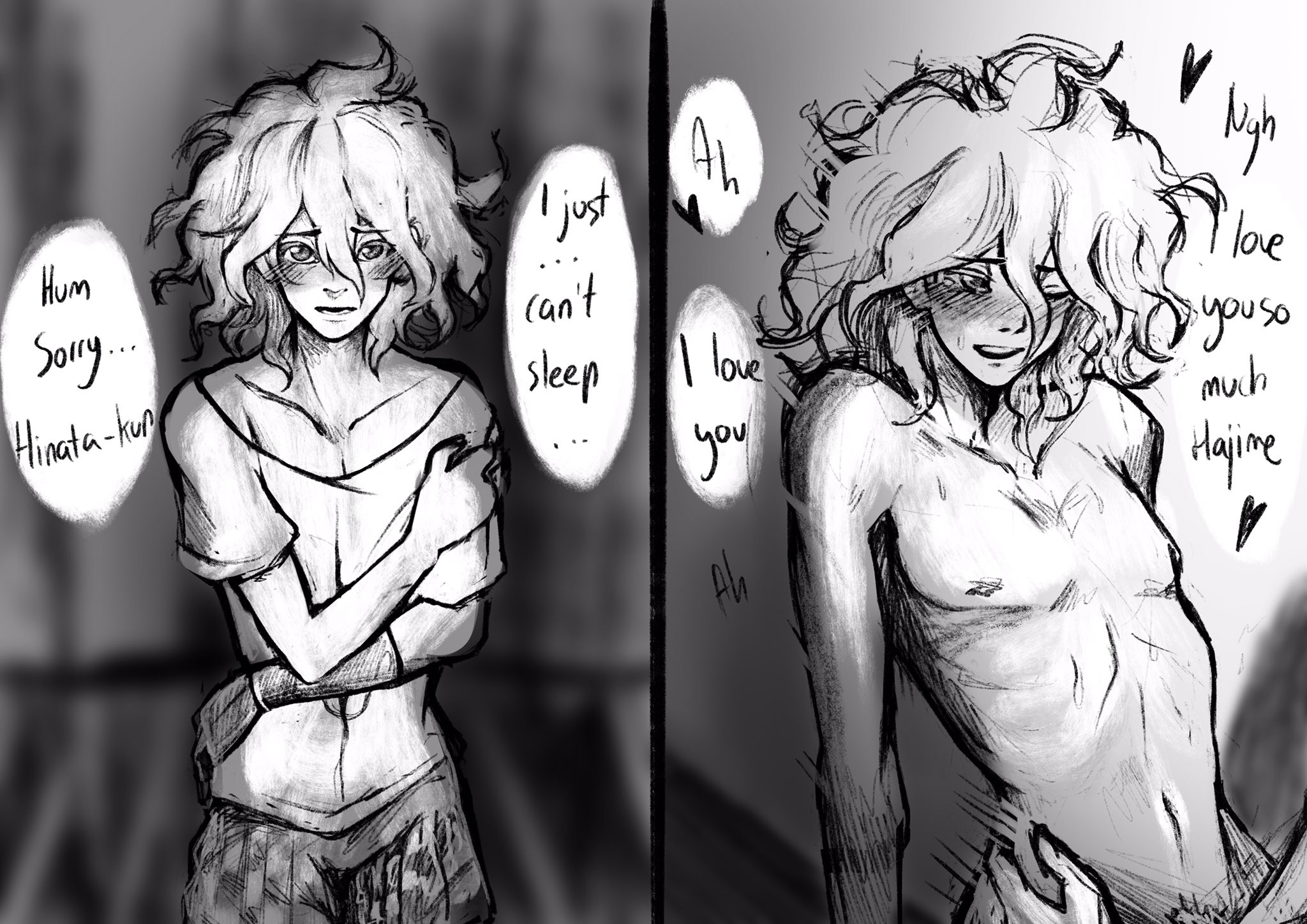 2boys, collarbone, danganronpa, danganronpa 2: goodbye despair, dialogue, english text, gay, greyscale, hinata hajime, implied sex, komaedathighs, male, male focus, male only, male penetrating male, male/male, malesub, monochrome, nagito komaeda, one eye closed, pubic hair peek, robotic arm, solo focus, straight hair, text, text bubble, topless, yaoi