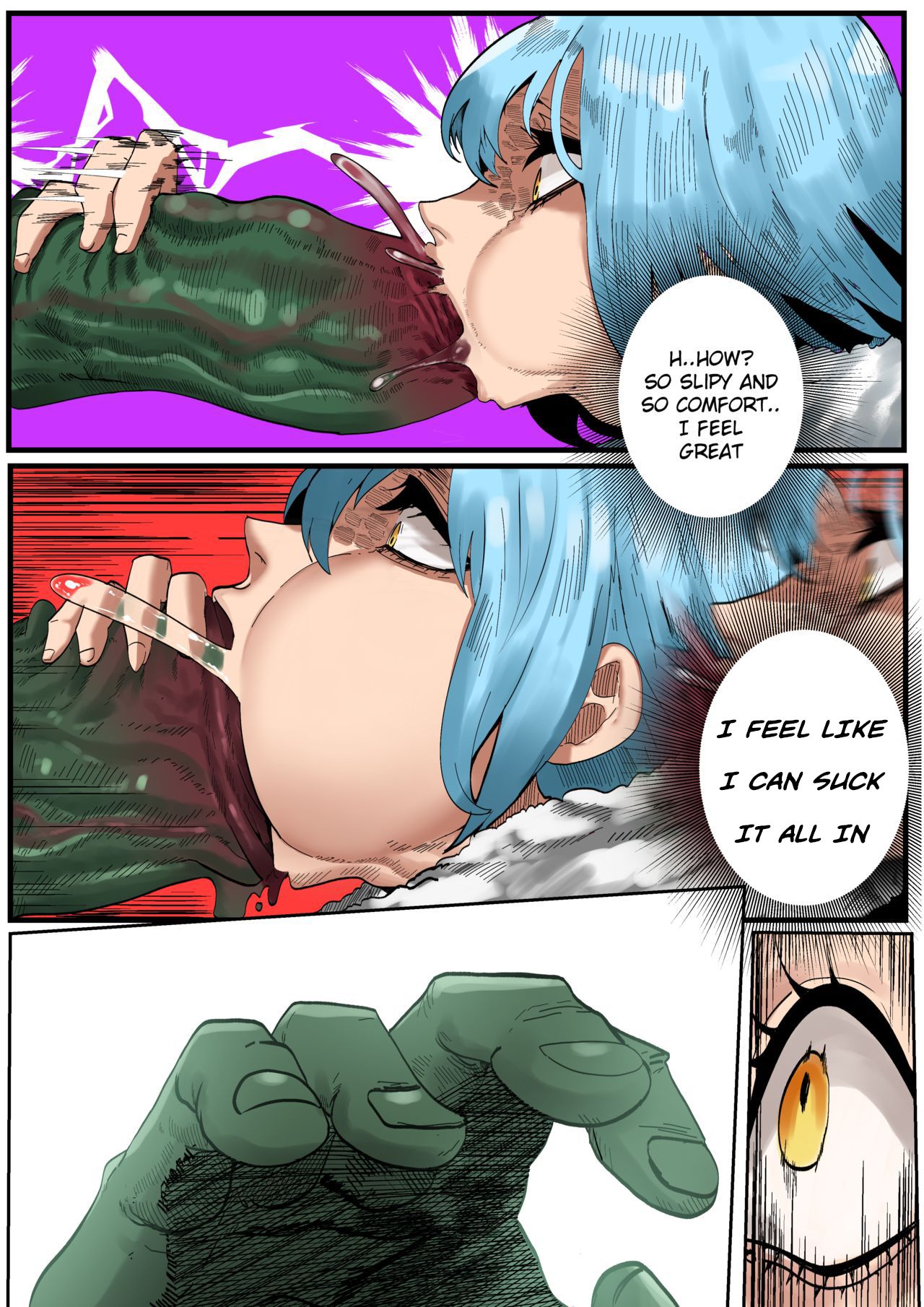 2boys, big penis, blue hair, color, comic, gay, goblin, goblin male, green (artist), green skin, hobgoblin, huge cock, huge penis, large penis, male, male only, male/male, manga, monster, oral, oral penetration, oral sex, penis, rigurd, rimuru tempest, saliva, saliva trail, shocked, size difference, tensei shitara slime datta ken, thick penis, trap, white body, white skin, yaoi, yellow eyes