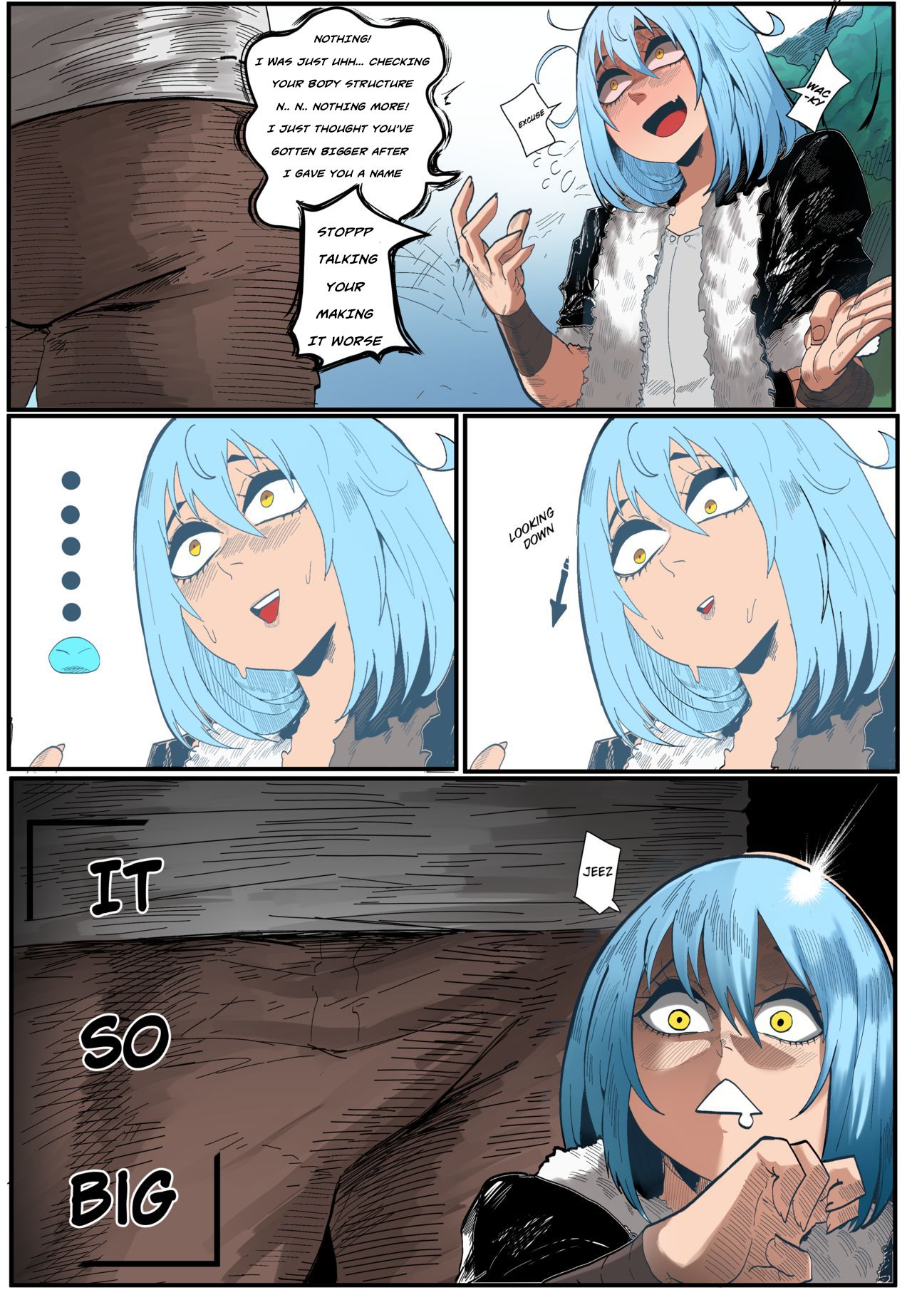 2boys, blue hair, bulge, comic, english text, gay, gay male, goblin, goblin male, green (artist), hobgoblin, male, male only, manga, monster, rimuru tempest, shocked, shorts, speech bubble, surprised, tensei shitara slime datta ken, text, trap, yaoi, yellow eyes