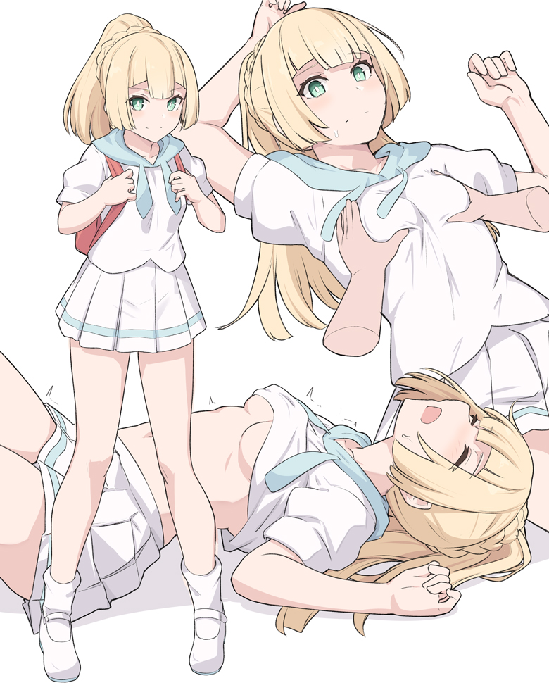 1girls, blonde hair, blonde-haired female, breast grab, breasts, female, game freak, grope, groping, lillie (pokemon), nintendo, pokemon, pokemon sm, school bag, schoolgirl, shiseki hirame, small breasts, tagme, teenager