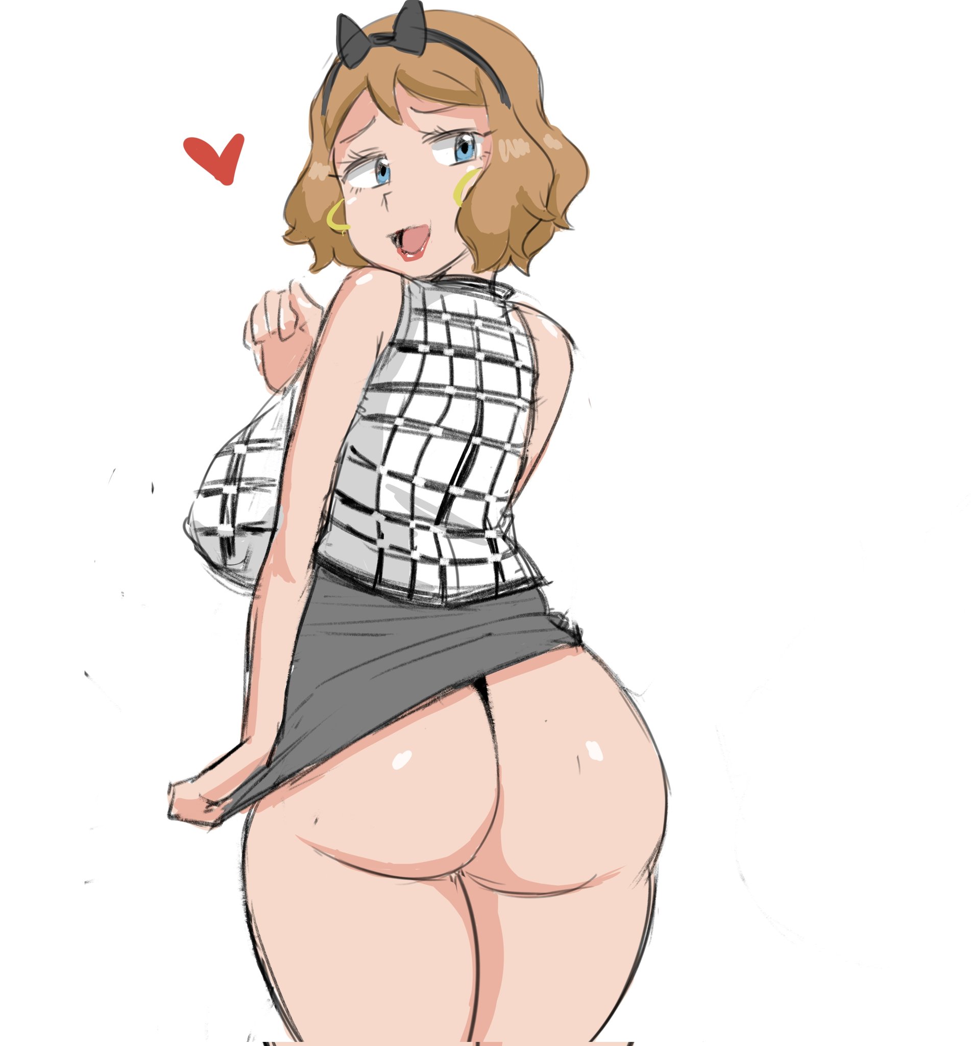 1girls, ass, bent wrist, big ass, big butt, blue eyes, female, hairband, honey hair, large ass, looking back, nintendo, pokemon, pokemon xy, reach025, serena (pokemon), short hair, skirt, skirt lift, solo, standing, thick ass, thick thighs, thighs, thong, white background, wide hips