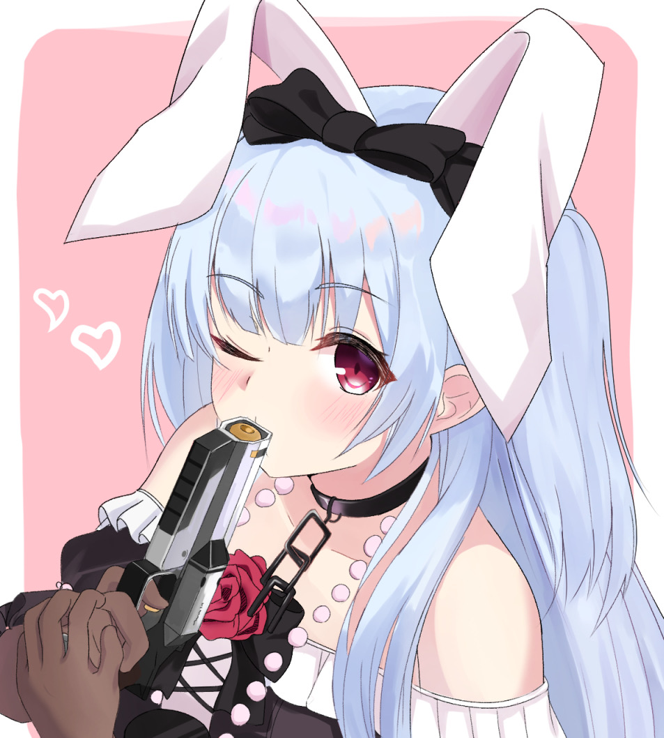 1girls backy blue_hair bunny_ears bunny_girl choker gun nijisanji red_eyes rose suggestive tsukimi_shizuku virtual_youtuber wink