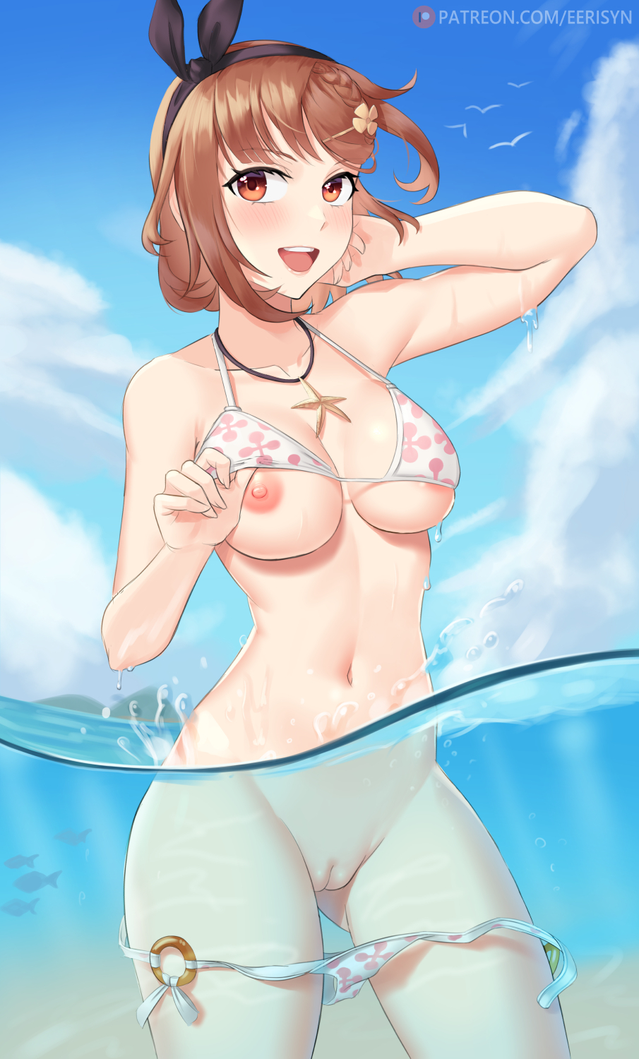 :d, 1girls, areola slip, areolae, arm up, artist name, atelier (series), atelier ryza, bangs, bare arms, bare shoulders, bikini, bikini lift, black hairband, black ribbon, blue sky, blush, braid, brown eyes, brown hair, clothes lift, cloud, collarbone, cowboy shot, day, eerisyn, exhibitionism, eyebrows visible through hair, female, gluteal fold, groin, hair ornament, hair ribbon, hairband, hairclip, highres, innie pussy, jewelry, lifted by self, looking at viewer, navel, necklace, nipples, o-ring, o-ring bottom, ocean, open mouth, outdoors, partially submerged, patreon username, print bikini, pussy, reisalin stout, ribbon, short hair, skindentation, sky, smile, solo, starfish, stomach, swimsuit, upper teeth, wardrobe malfunction, water, watermark, web address, white bikini